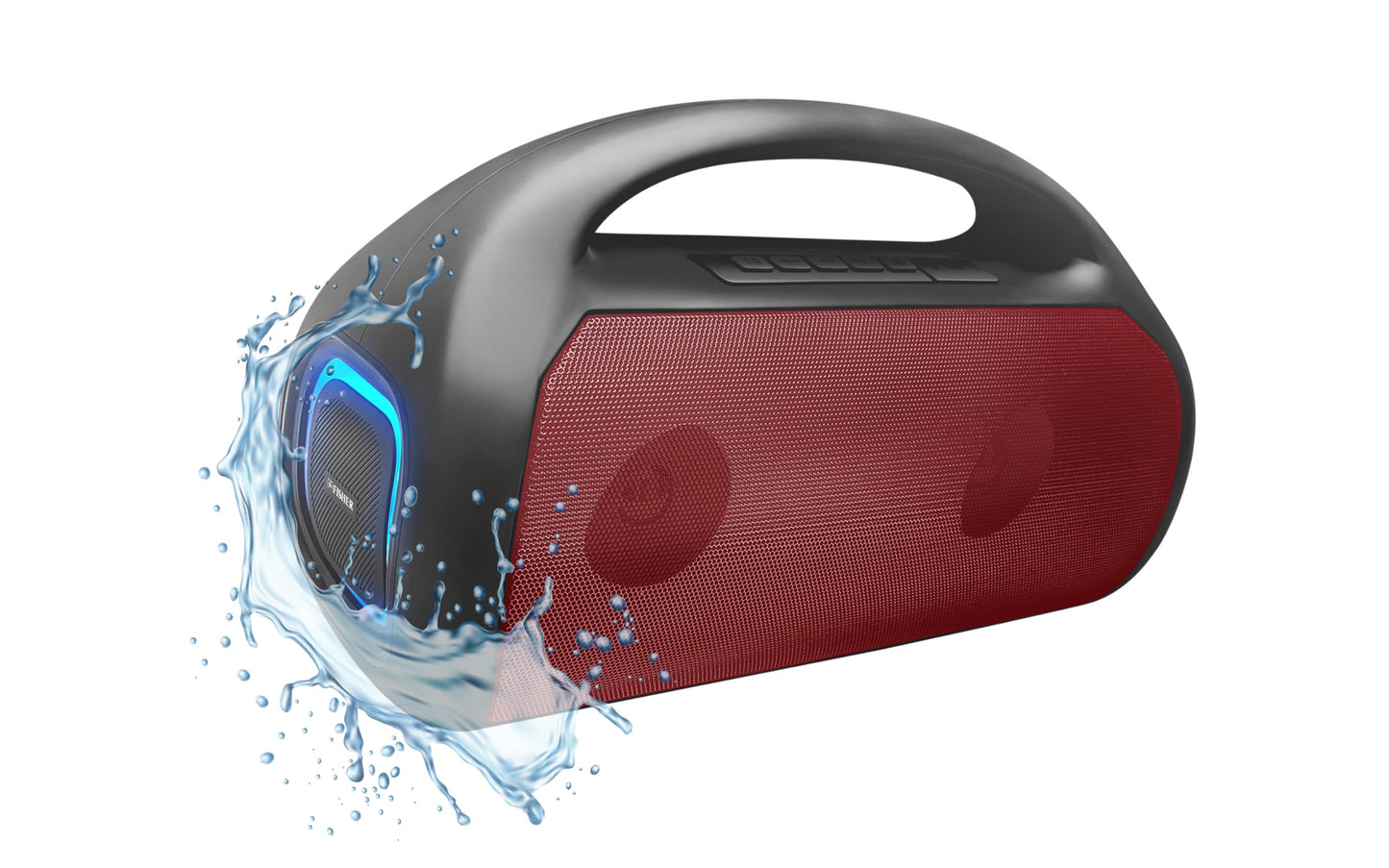 Fisher - Altavoces portátiles Bluetooth - Altavoz inalámbrico portátil con potencia máxima de 20 W, sonido HD, luces RGB, IPX4 resistente al agua, emparejamiento TWS, radio FM, BT 5.3, tiempo de