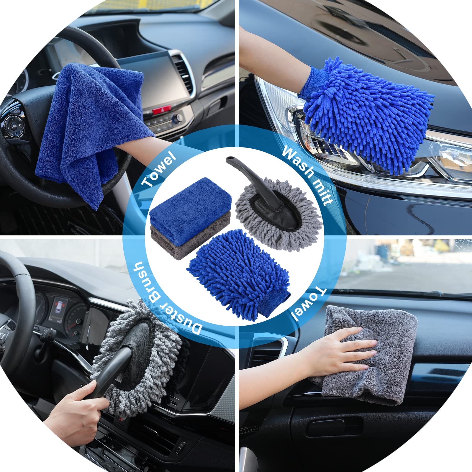 AUTODECO - Kit de 41 piezas de limpieza de coche, kit de limpieza de detalles interiores con aspiradora de mano de alta potencia, cubeta plegable, herramienta para parabrisas, pala de nieve, cepillo
