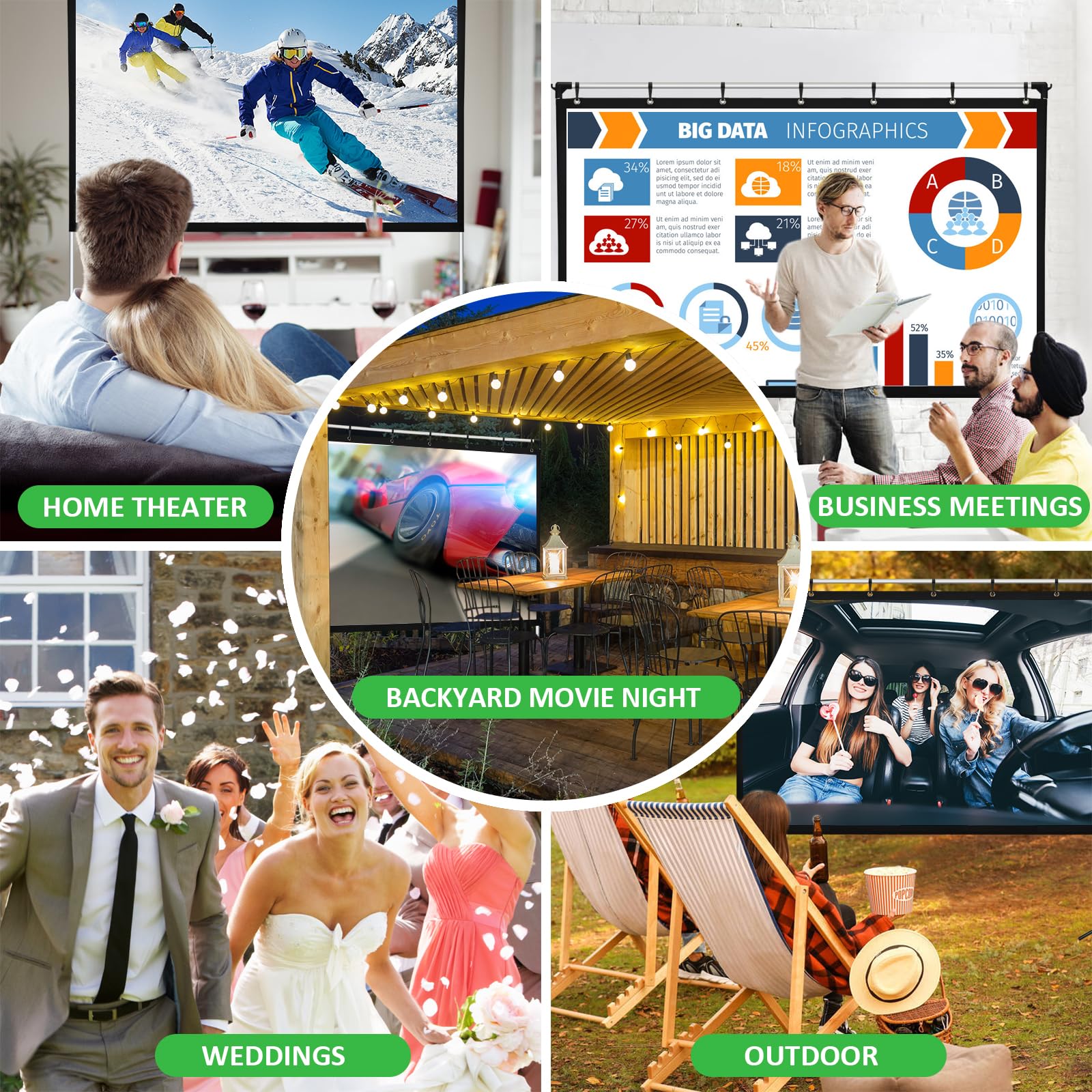 KdWiHVv - visualización de proyector portátil de 120 Pulgadas para Interiores y Exteriores, visualización de proyector 16:9 HD 4K sin Arrugas, visualización de película Ligera con Bolsa de Transporte