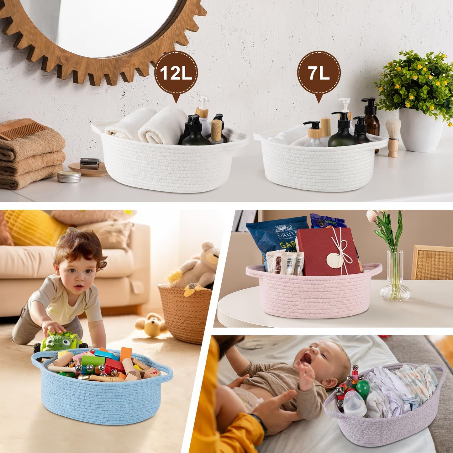 OIAHOMY - Cesta de regalo con asa, cesta tejida de 13.4 x 10 x 5.5 pulgadas, con bolsa de regalo, cinta y papel de seda, contenedores vacíos para llenar con toallas, bebé, organizador de juguetes para
