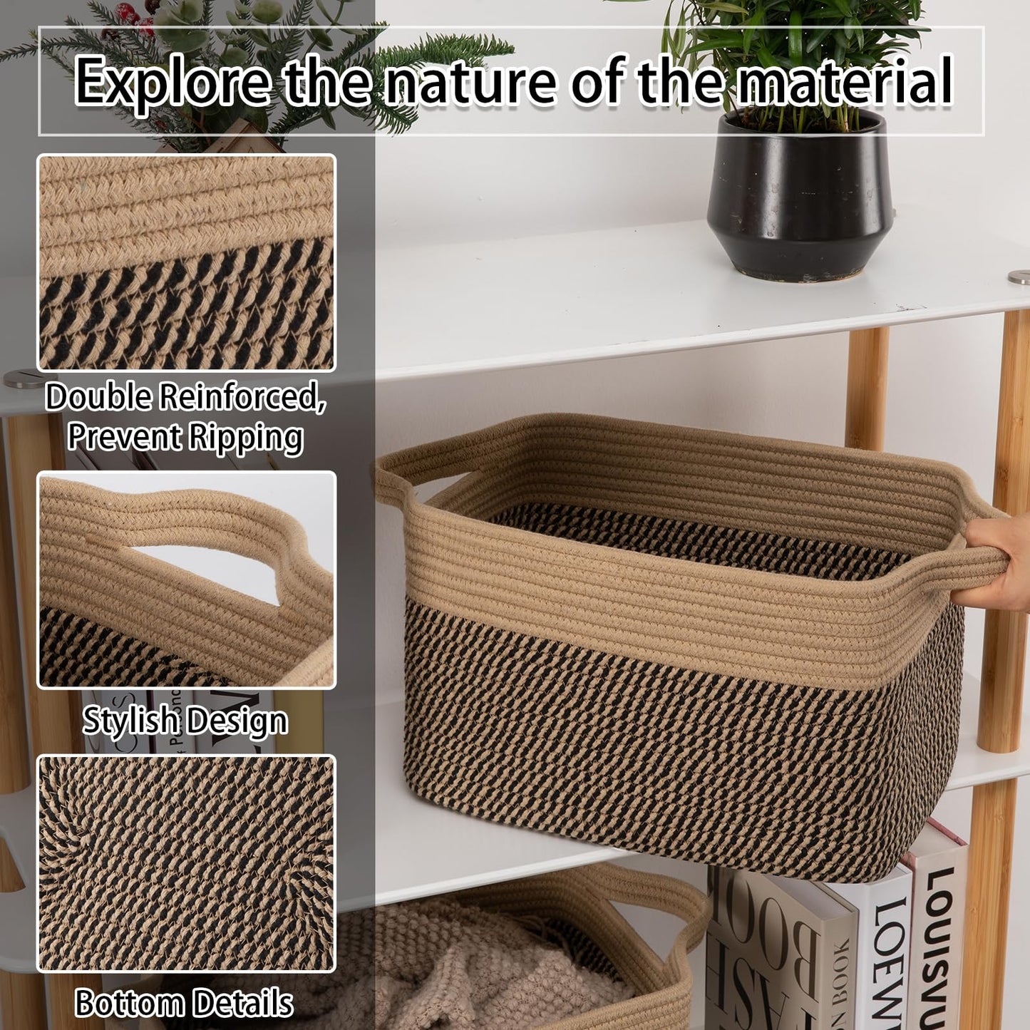 OIAHOMY - Paquete de 3 cestas de almacenamiento para organizar, 13 x 9.85 x 8.7 pulgadas, cesta tejida con asas, cesta de almacenamiento de juguetes, cesta elegante para decoración de habitación, café