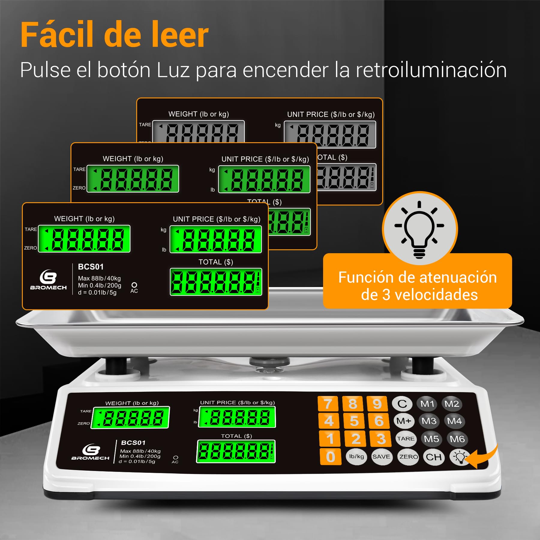 Báscula Digital Comercial 40kg Bascula alimentos para Pesar Productos Carne con Gran Plataforma de Acero Inoxidable, Pantalla LCD y Luz de Fondo Verde Brillante para Mercados Agrícolas