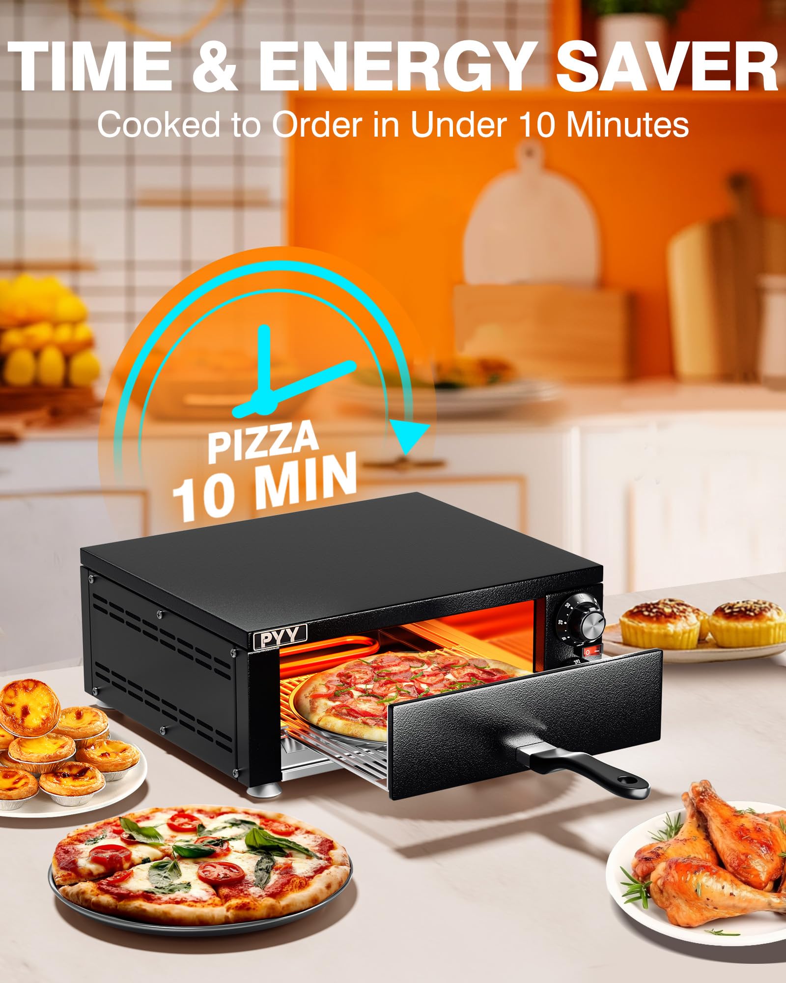 PYY - Horno eléctrico de pizza para interiores y encimeras, máquina comercial para hacer pizzas para el hogar con temporizador, cocina de pizza de acero inoxidable