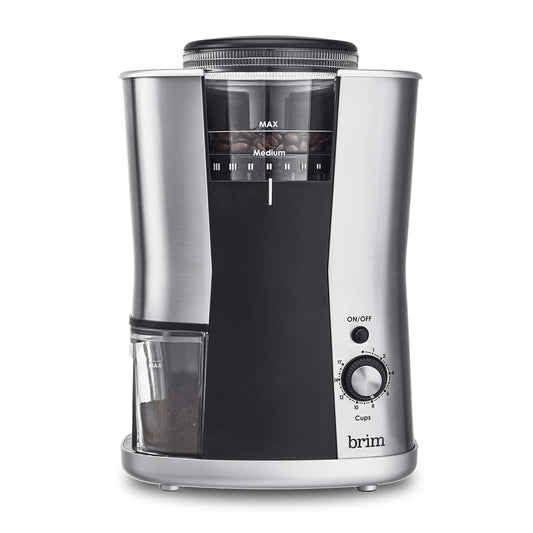 BRIM - Molinillo cónico de rebabas, molienda uniformemente frijoles para 1 a 17 tazas de café, cuenta con un recipiente de grano extraíble, 17 ajustes precisos de tamaño de molienda y conveniente