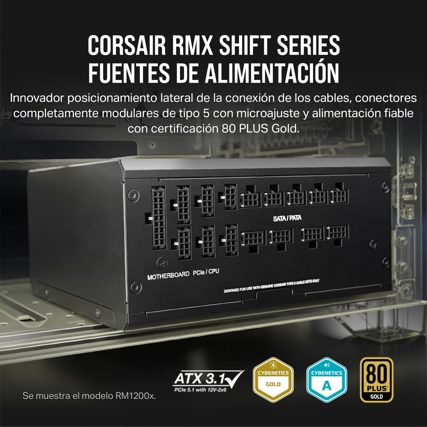 Corsair RM1000x Shift Fuente de alimentación Totalmente Modular - Compatible con ATX 3.1 y PCIe 5.1 - Modo Ventilador Cero RPM - Condensadores a 105°C - Eficiencia 80 Plus Gold - Negro
