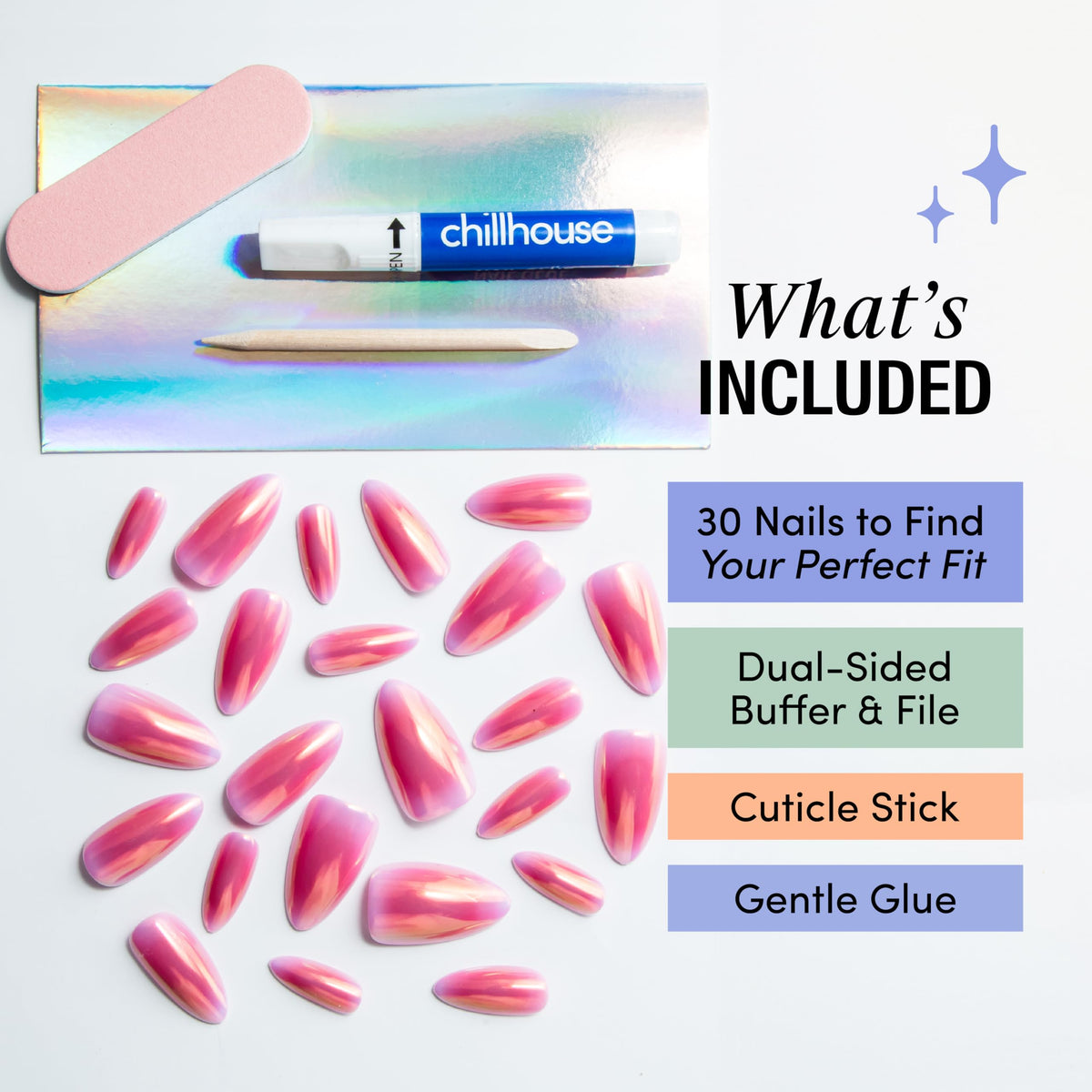 Chillhouse - Kit de Uñas Chill Tips, Press on - Unicorn Club (Almendra) - 30 Formas y Tamaños de Uñas - Hasta 2 Semanas de Uso - Ajuste Personalizable - Reutilizable - Fundado por Latinas y Propiedad