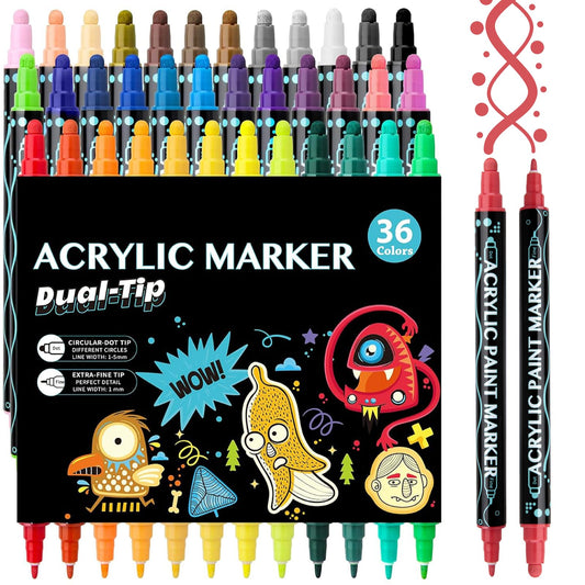 CROSPIN 36 Colores Plumones Acrilicos Doble Punta, Marcadores Arte Punta Fino & Punto, Rotuladores Acrilicos, Acrylic Markers para Piedras, Cristal, Madera, Plastico, Lienzo, Modelo de Impresión 3D