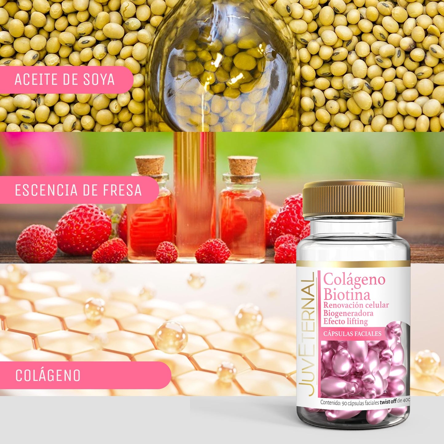 Juveternal Kit 6 frascos Cápsulas Faciales Ácido Hialurónico Cápsulas Faciales Colágeno Biotina Cápsulas Faciales Vitamina C Cápsulas Faciales Vitamina E Cápsulas Faciales Biotina Cápsulas Faciales Retinol 90 cáps c/u Efecto Litting Reafirma y Retexturiza