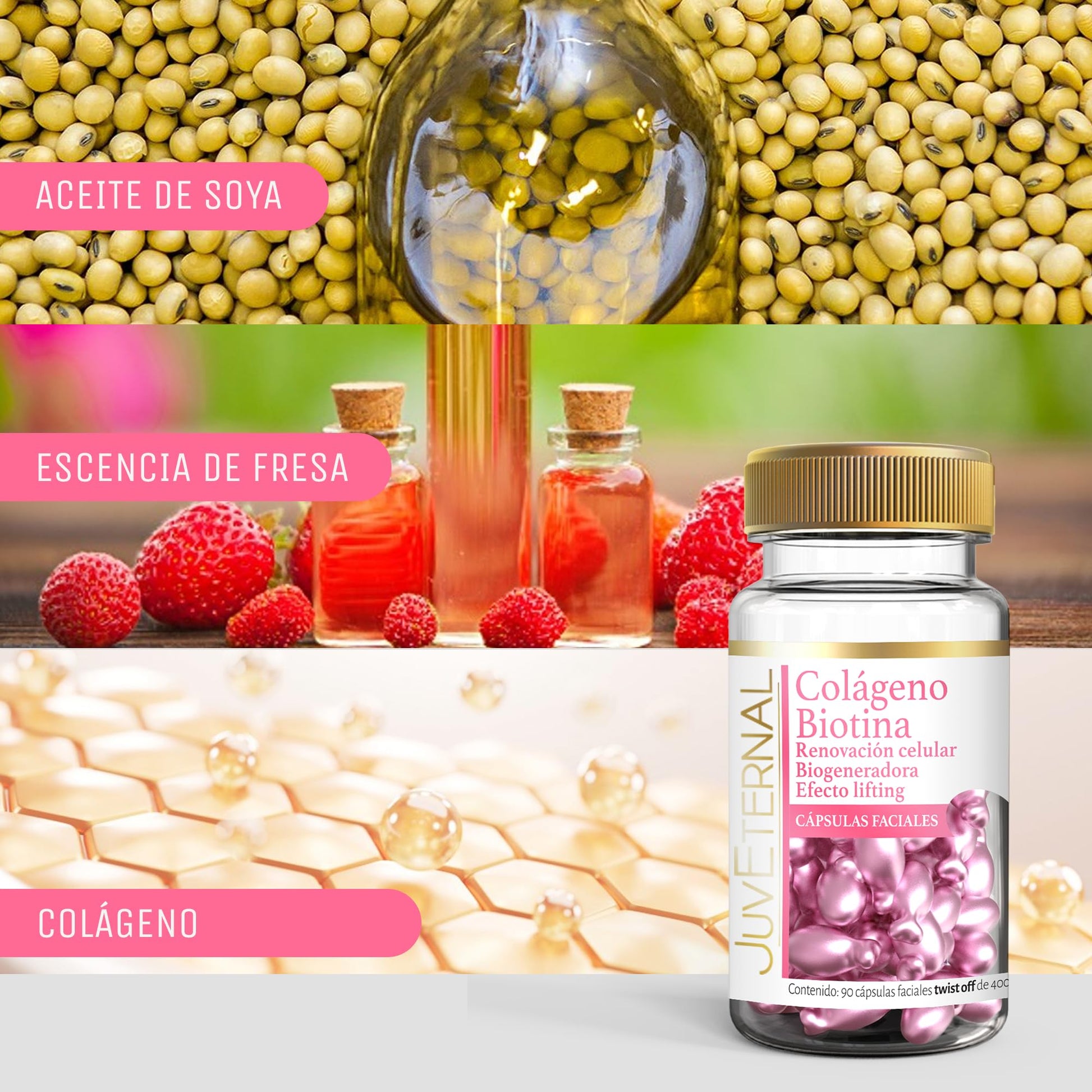 Juveternal Kit 6 frascos Cápsulas Faciales Ácido Hialurónico Cápsulas Faciales Colágeno Biotina Cápsulas Faciales Vitamina C Cápsulas Faciales Vitamina E Cápsulas Faciales Biotina Cápsulas Faciales Retinol 90 cáps c/u Efecto Litting Reafirma y Retexturiza
