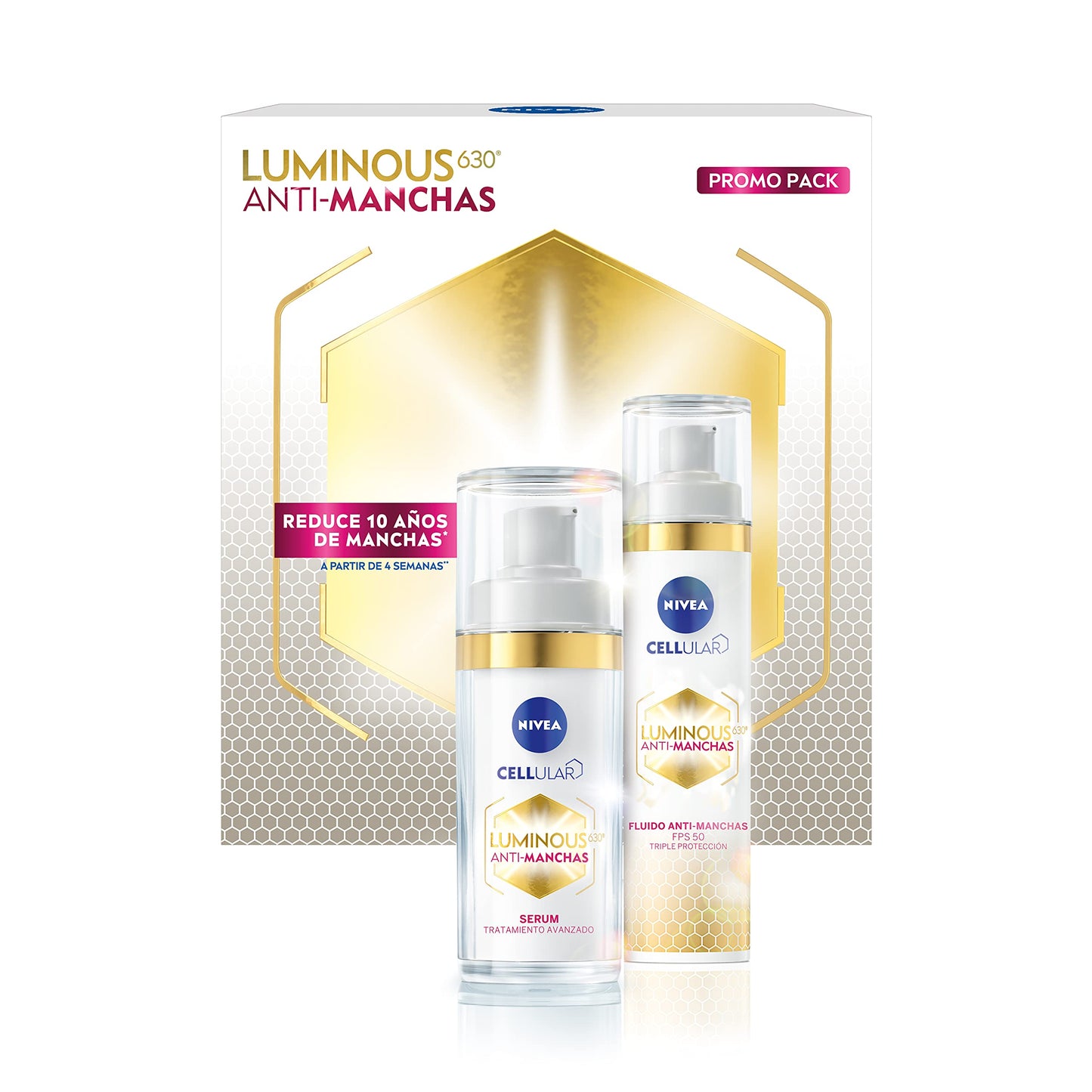 NIVEA Rutina Anti-manchas Rutina Facial Completa Luminous 630 (2 piezas), Enriquecida con Ácido Hialurónico Serum facial 30 ml + Fluido facial FPS50 con Vitamina E 40ml + Sun Protector