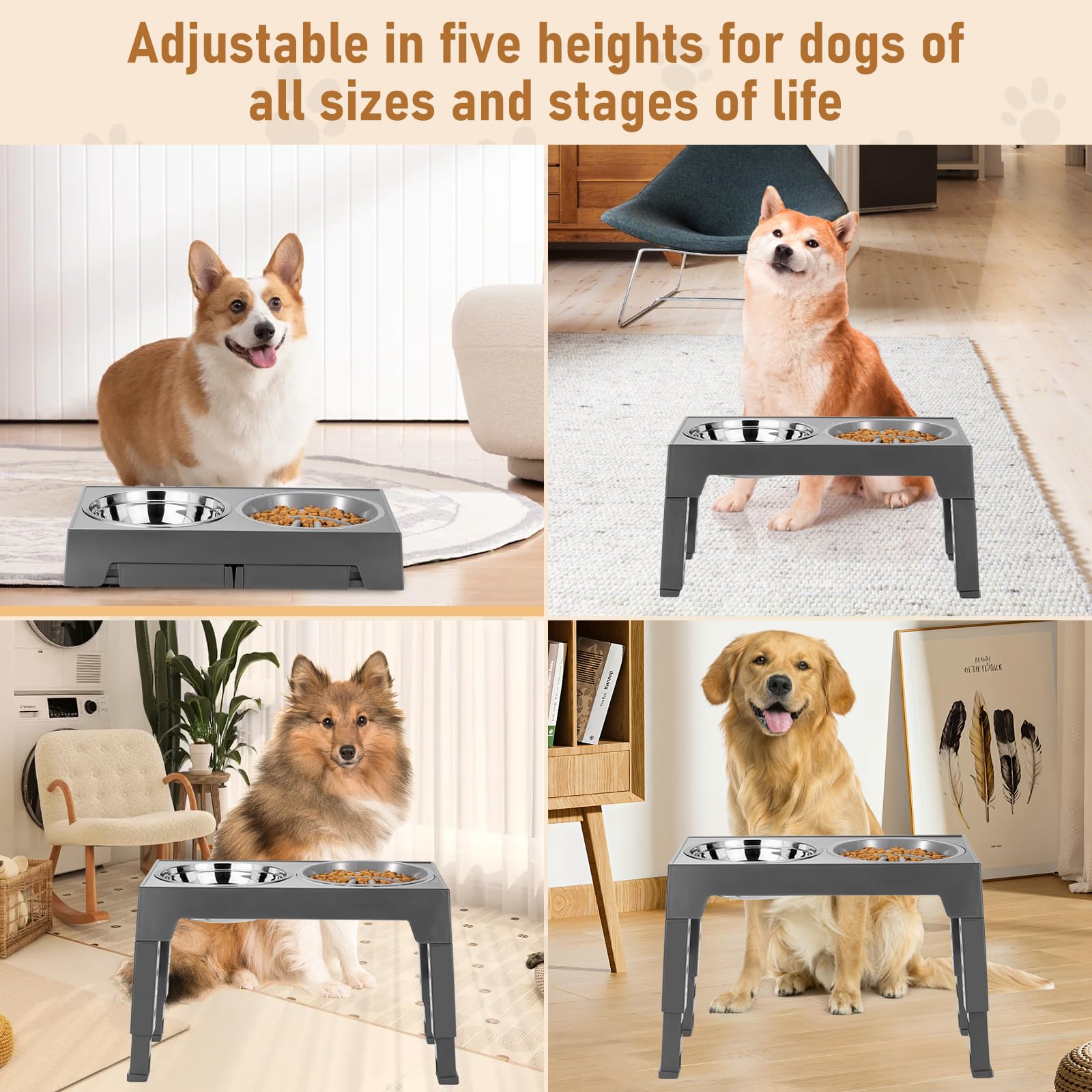 Cuenco Elevado para Perro, Comedero Elevado con 5 Alturas Ajustable para Perro y Gato, Comedores Elevados con Comedero Lento y 2 Cuencos de Acero Inoxidable para Perros Pequeños, Medianos y Grandes