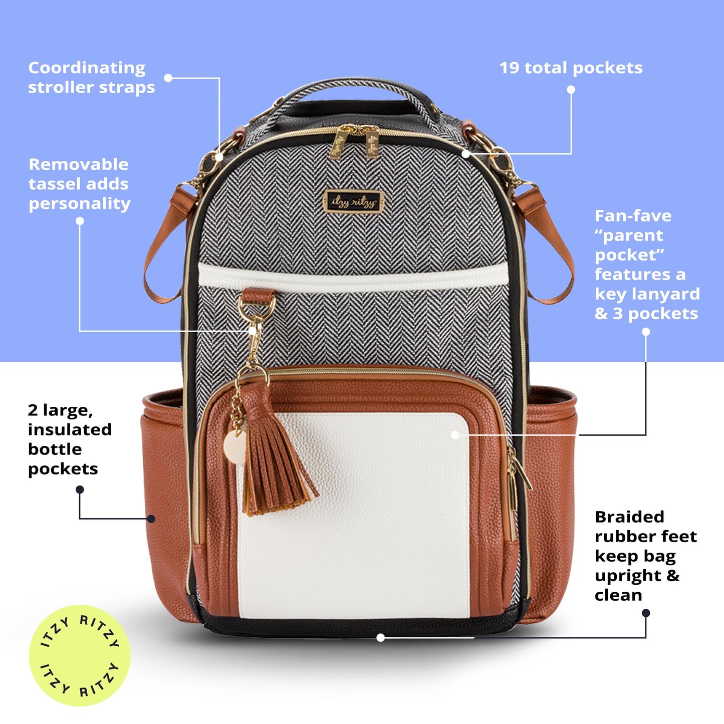 Itzy Ritzy - Mochila para pañales de gran capacidad Boss Plus para bebé con 19 bolsillos, cambiador, clips para cochecito y cómodas correas para mochila, café y crema