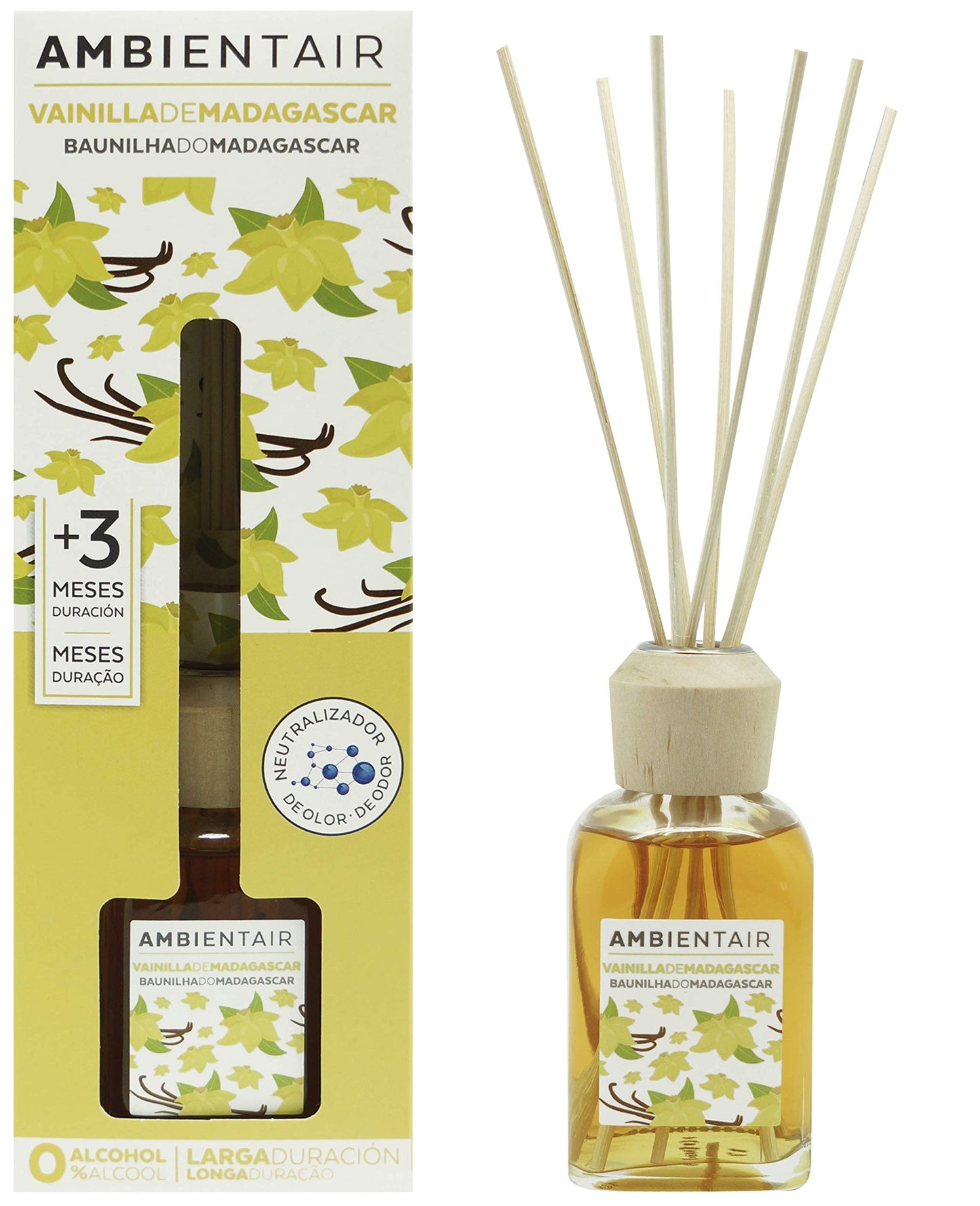Ambientair Difusor de Varillas 100 ml – Aroma Vainilla de Madagascar – Mikado Clásico en Frasco de Vidrio – Aromatizante de Ambiente de Larga Duración