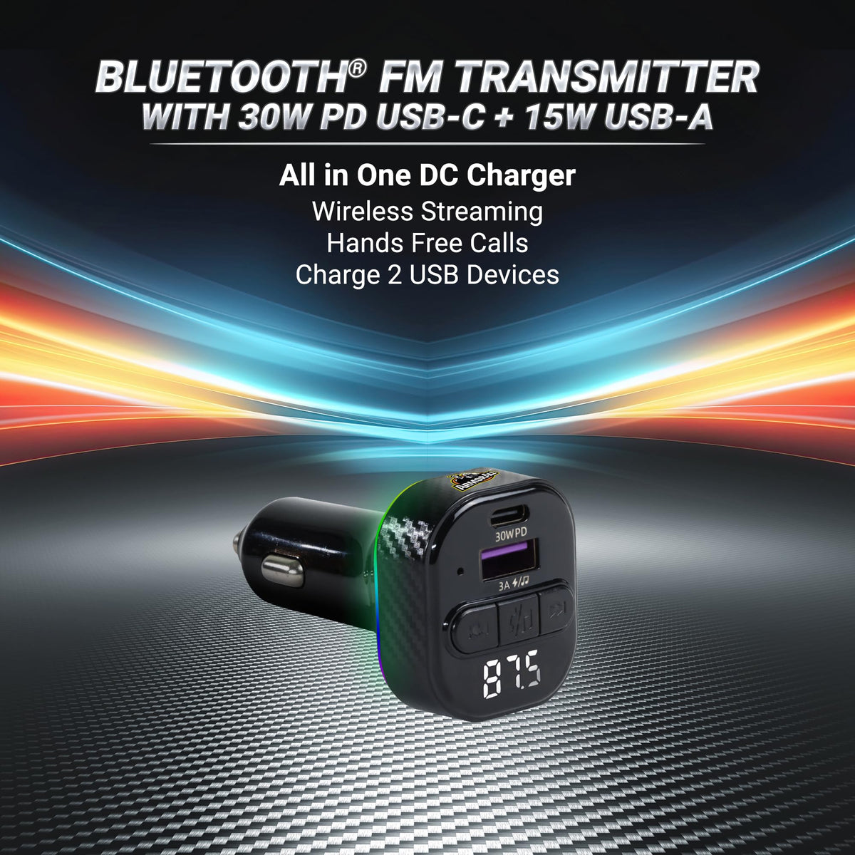 Transmisor FM Bluetooth Armor All Negro con Cargador Rápido USB para Llamadas Manos Libres