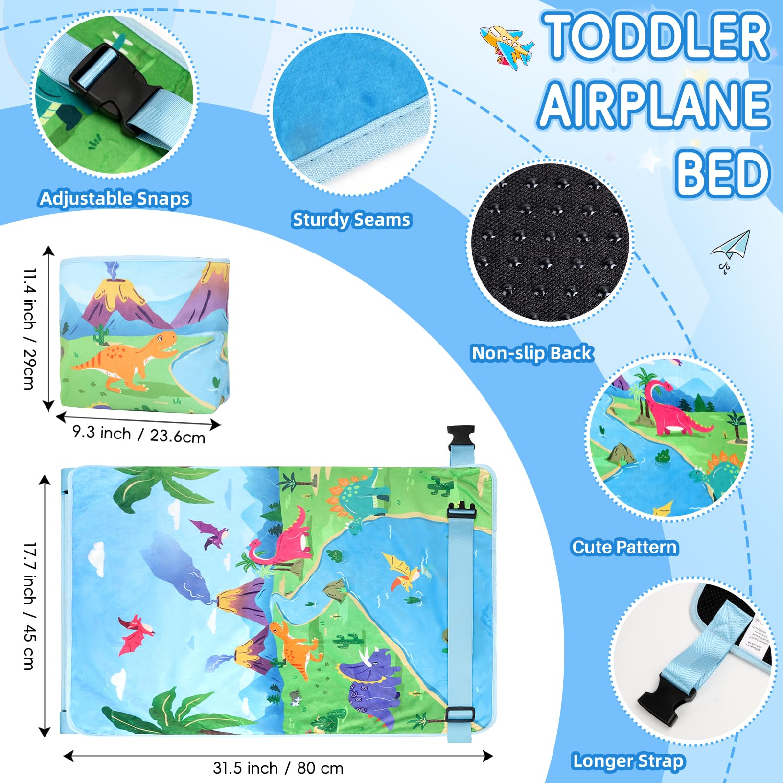 Gocozy - Cama de avión para niños pequeños con manta, extensor de asiento de avión para niños, artículos esenciales de viaje para niños, dinosaurios