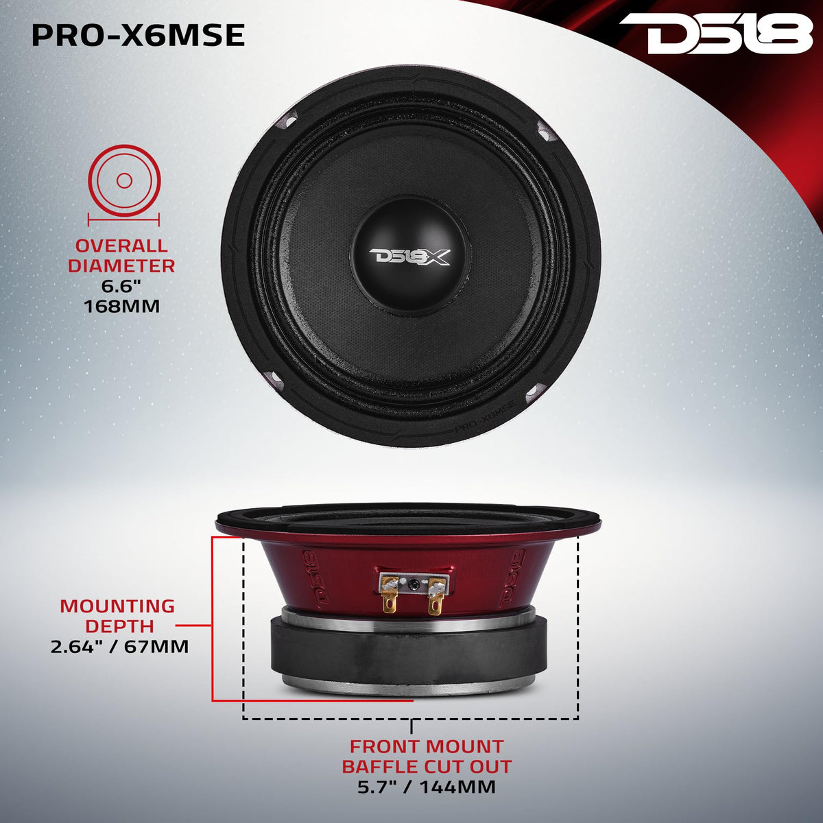 Altavoz PRO-X6MSE DS18 Rojo Midrange de 6.5" con Canasta Sellada para Sistema de Sonido en Carro o Camión 450W MAX 8 Ohms