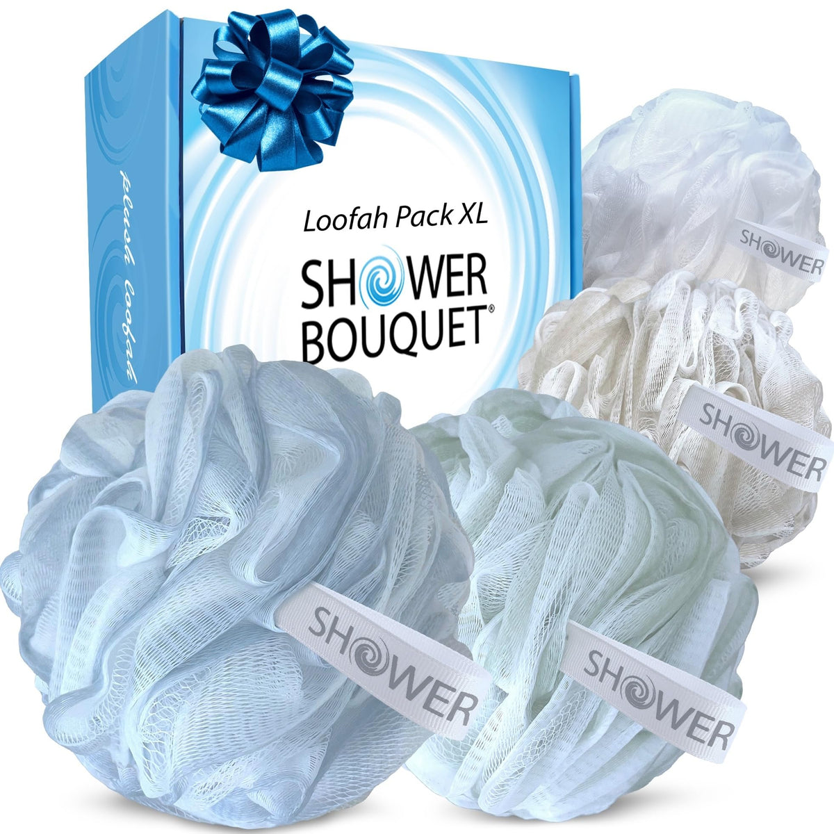 Loofah Bath Sponge XL 75g Soft Set by Shower Bouquet: 4 Pack Pastel Colors - Extra Large Mesh Pouf Scrubber for Men and Women - Exfoliate with a Big Lush Lathering Cleanse & Beauty Bathing Accessories
