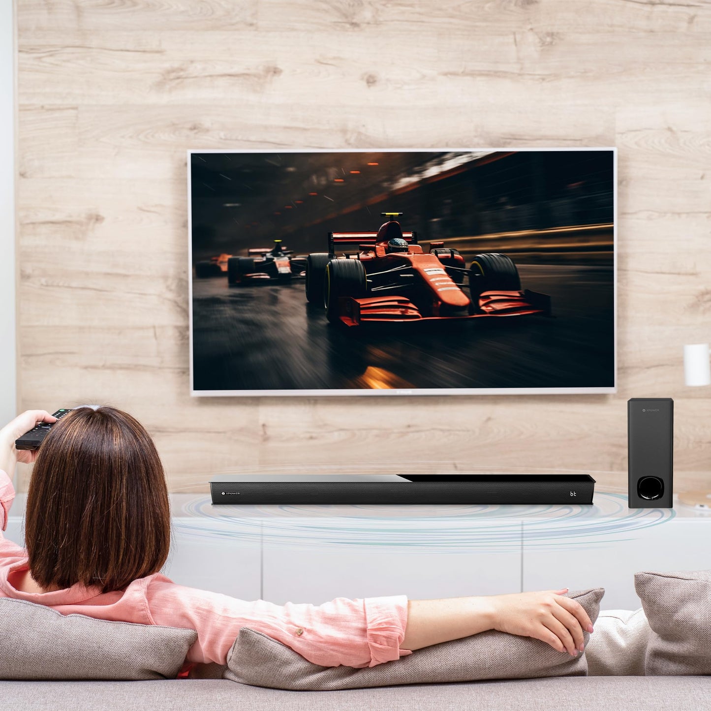 XP WER Sistema de Sonido de Cine en Casa de 120W, Barra de Sonido 60W + Subwoofer 60W | XP-SBW, Bluetooth, HDMI, AUX, Cable Optico
