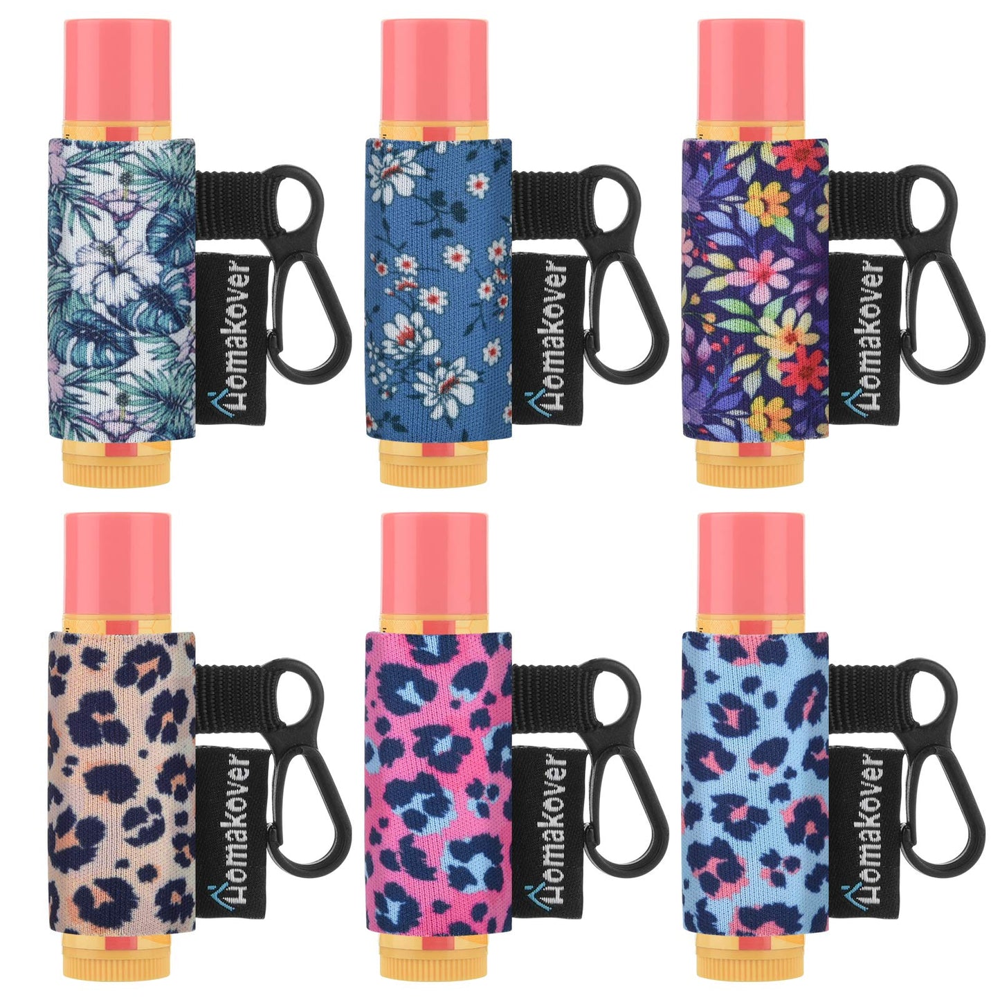 Paquete de 6 soportes compactos con clip, clip de liberación premium, manga de neopreno, bálsamo labial con clip, se adapta a la mayoría de bálsamo labial estándar, Leopardo + Flor, 1 Count (Pack of 6