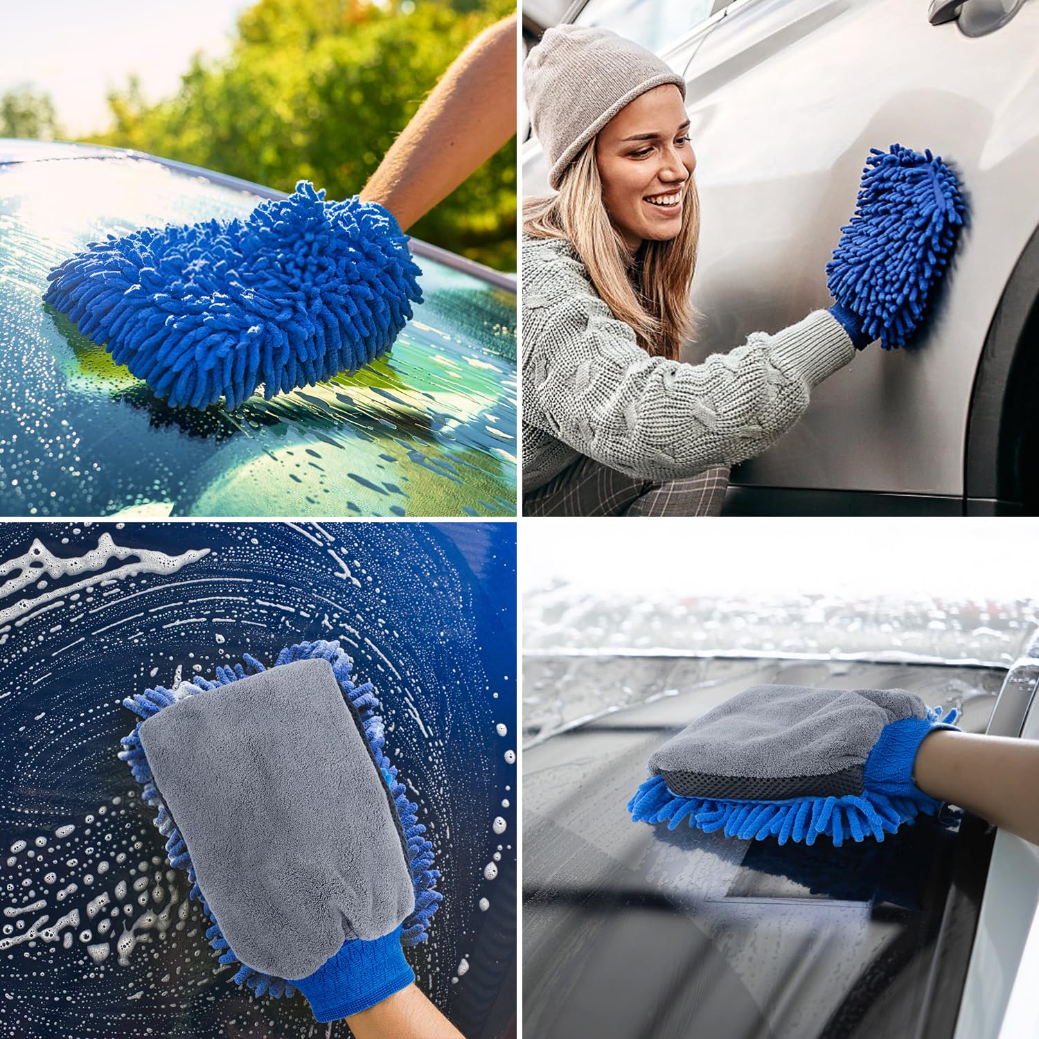 DASKING Kit Limpieza Coche, Guante y Toallas de Microfibra Premium de Lavado Coche, 2PCS Toallas (30 * 40cm) y 1PC Guante para la Limpieza de vehículo, Juego de Limpieza para Automóviles, Azul