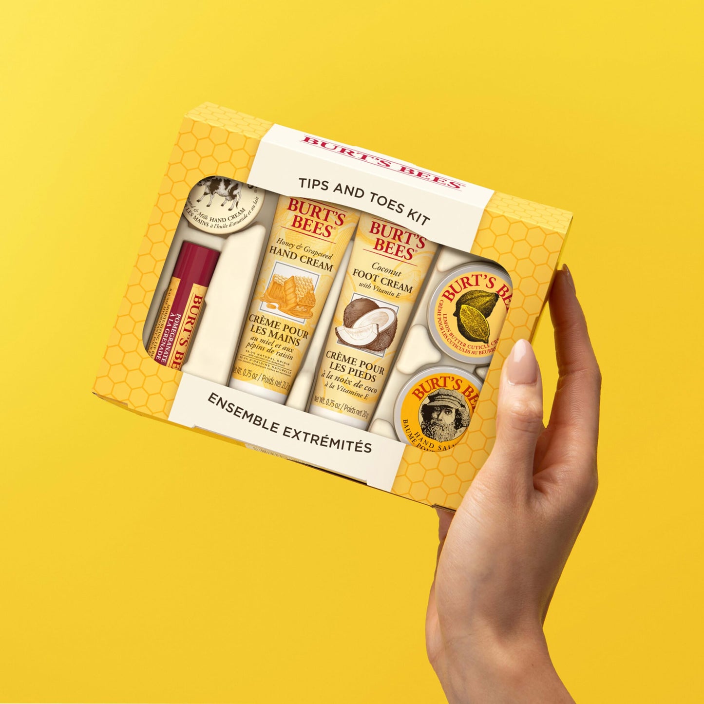 Burt's Bees Tips and Toes Kit Holiday Gift Set, 6 Travel Size Products in Gift Box - 2 Hand Creams, Foot Cream, Cuticle Cream, Hand Salve and Lip Balm