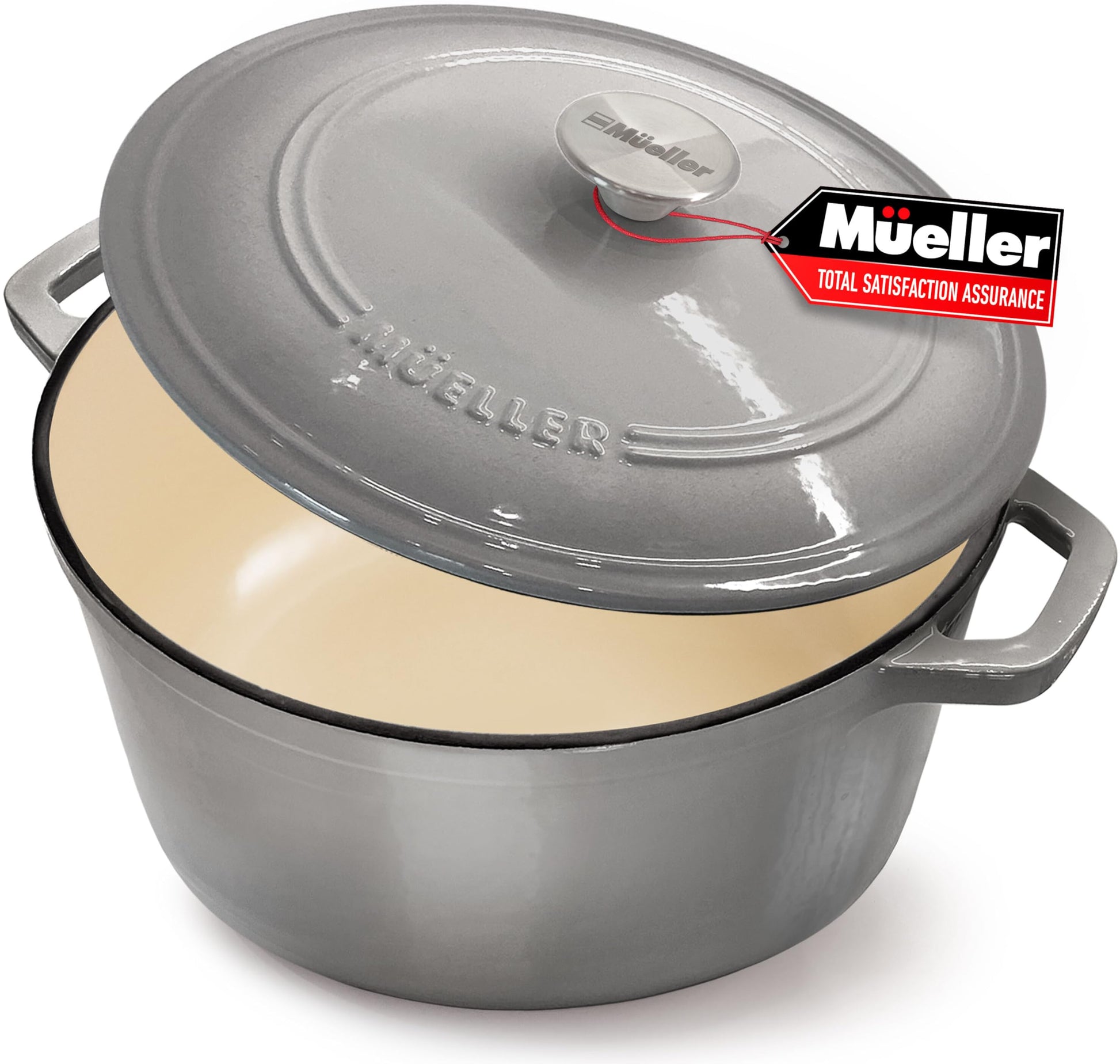 Mueller - Horno holandés de hierro fundido esmaltado de 6 cuartos de galón, cazuela resistente y sartén con tapa y perilla, seguro para todas las estufas