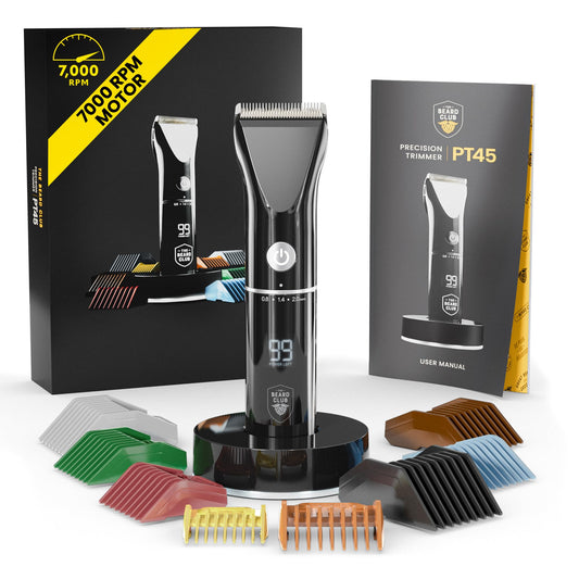 Cortadora de Barba y Pelo The Beard Club PT45 Inalámbrica Recargable Alta Potencia de 7000 RPM 8 Guías de Color 45 Longitudes para Hombre