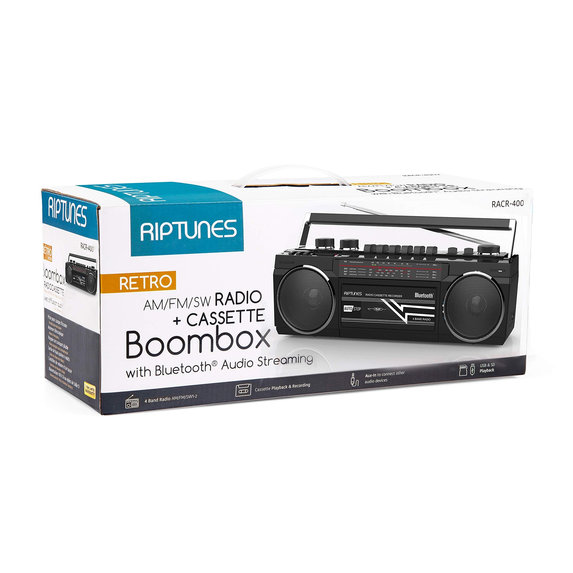 Boombox Bluetooth Retro Riptunes Negro Reproductor de Casete y Radio AM/FM/SW-1-SW2