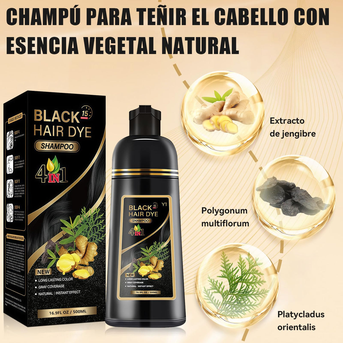 Blick Hair Dye Shampoo, Shampoo Hair Dye, Champú Tinte Instantáneo 4 En 1, Suave y delicado, Cobertura de Canas, larga duración, Adecuado Para HombresY mujeres(Negro)