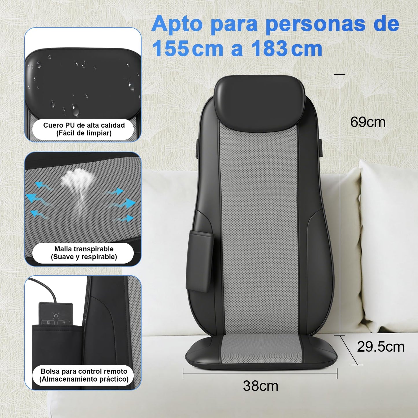 Shiatsu Cojín Muja Masajeador de Espalda y Cuello con Calor, Tapete Masajeador Cuerpo Completo con Ajuste de Altura, Masaje de Amasamiento, Acupresión o Rodamiento, Elimina la Fatiga y Alivia el Dolor
