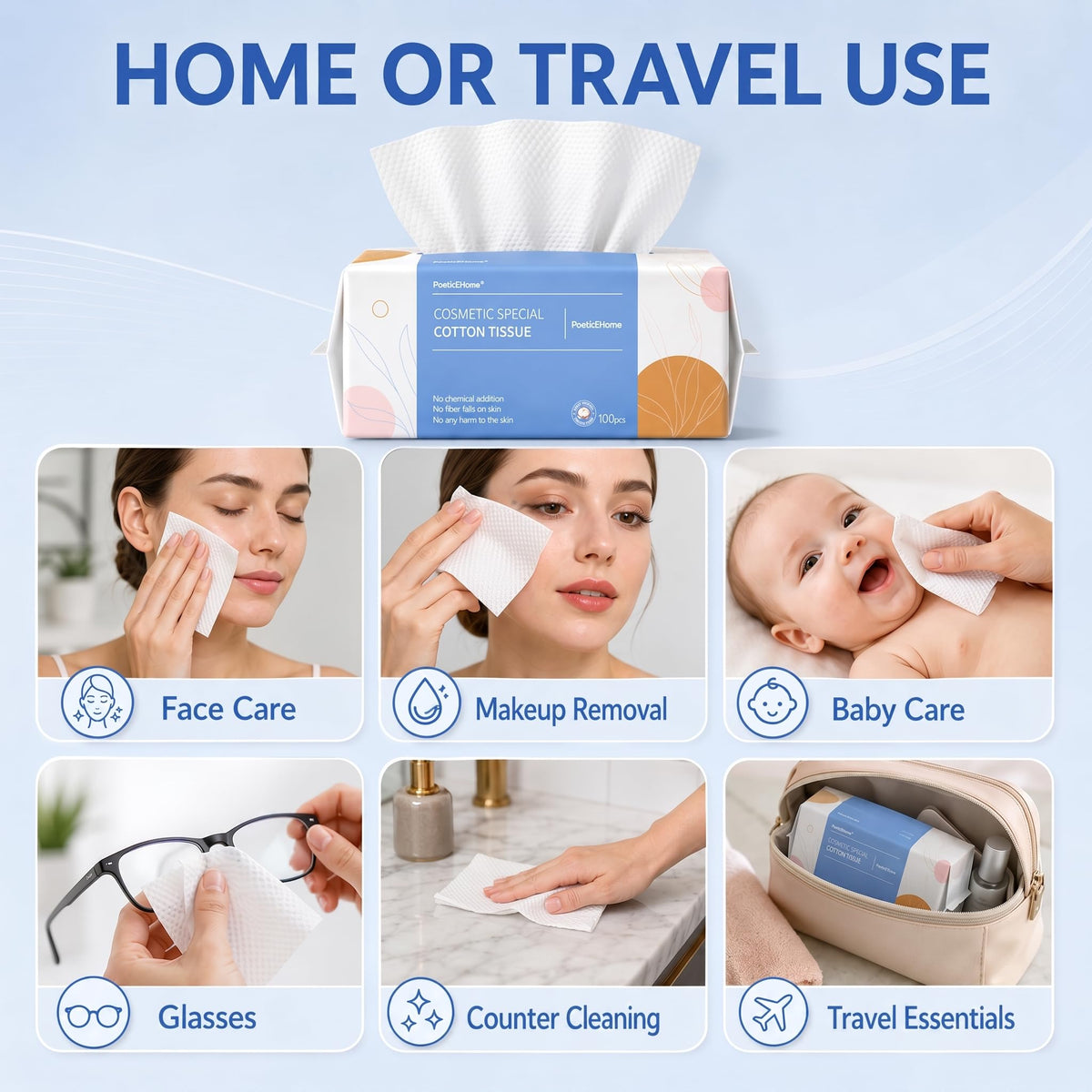PoeticEHome Toallita suave y seca, 100% algodón, toalla facial desechable, sin pelusas, uso húmedo en seco para piel sensible, limpieza facial, eliminación de maquillaje, limpieza de superficies (300 unidades)