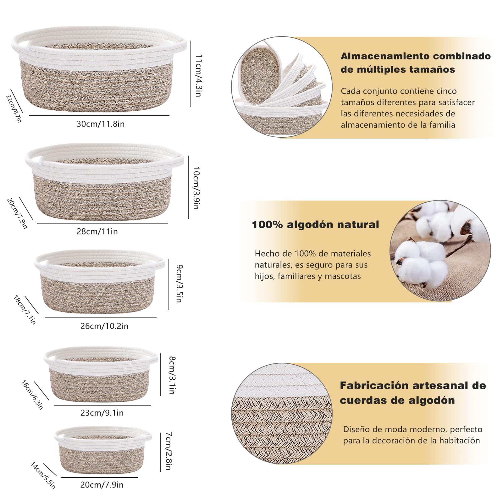 NUIO 5 Piezas Canastas Organizadoras Rectangulares de Algodón Natural con Asas, Caja Cestas de Almacenamiento,Ideal para Baño, Juguetes Infantiles, Clóset, Maquillaje y Organización del Baño (caqui)