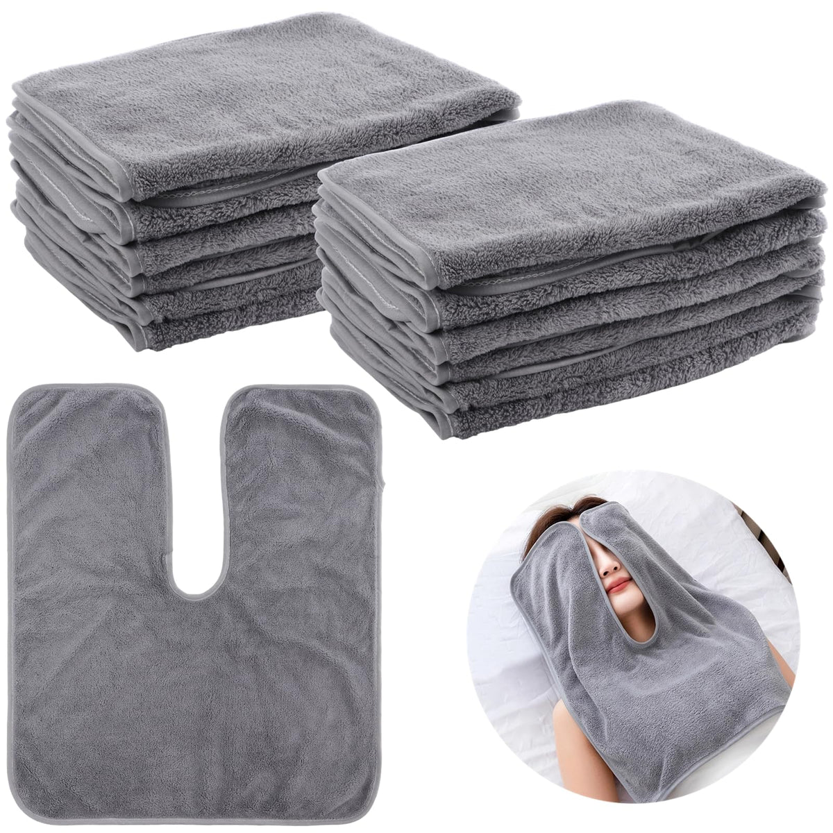 DIMEGON - 12 toallas faciales en forma de U, diseño dividido, toalla suave de estético, paño facial de forro polar coral para salones de belleza, cuidado de la piel, centros de spa, gris
