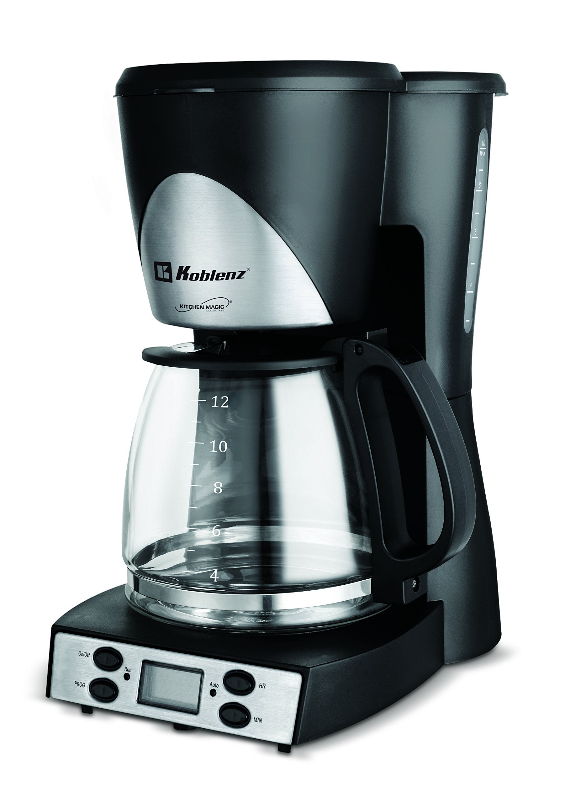 Koblenz Cafetera de Goteo Koblenz para 12 Tazas, 1.5 L, Programable con Timer y Display Digital, 1000 W, Función Antigoteo, Jarra de Vidrio, Filtro Lavable, Negro con Acero Inoxidable (CKM-212 PIN)