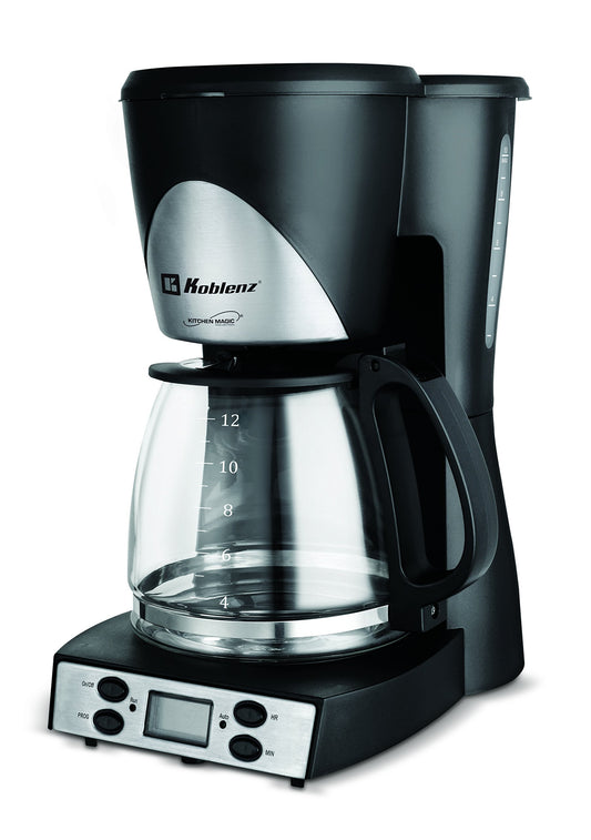 Koblenz Cafetera de Goteo Koblenz para 12 Tazas, 1.5 L, Programable con Timer y Display Digital, 1000 W, Función Antigoteo, Jarra de Vidrio, Filtro Lavable, Negro con Acero Inoxidable (CKM-212 PIN)