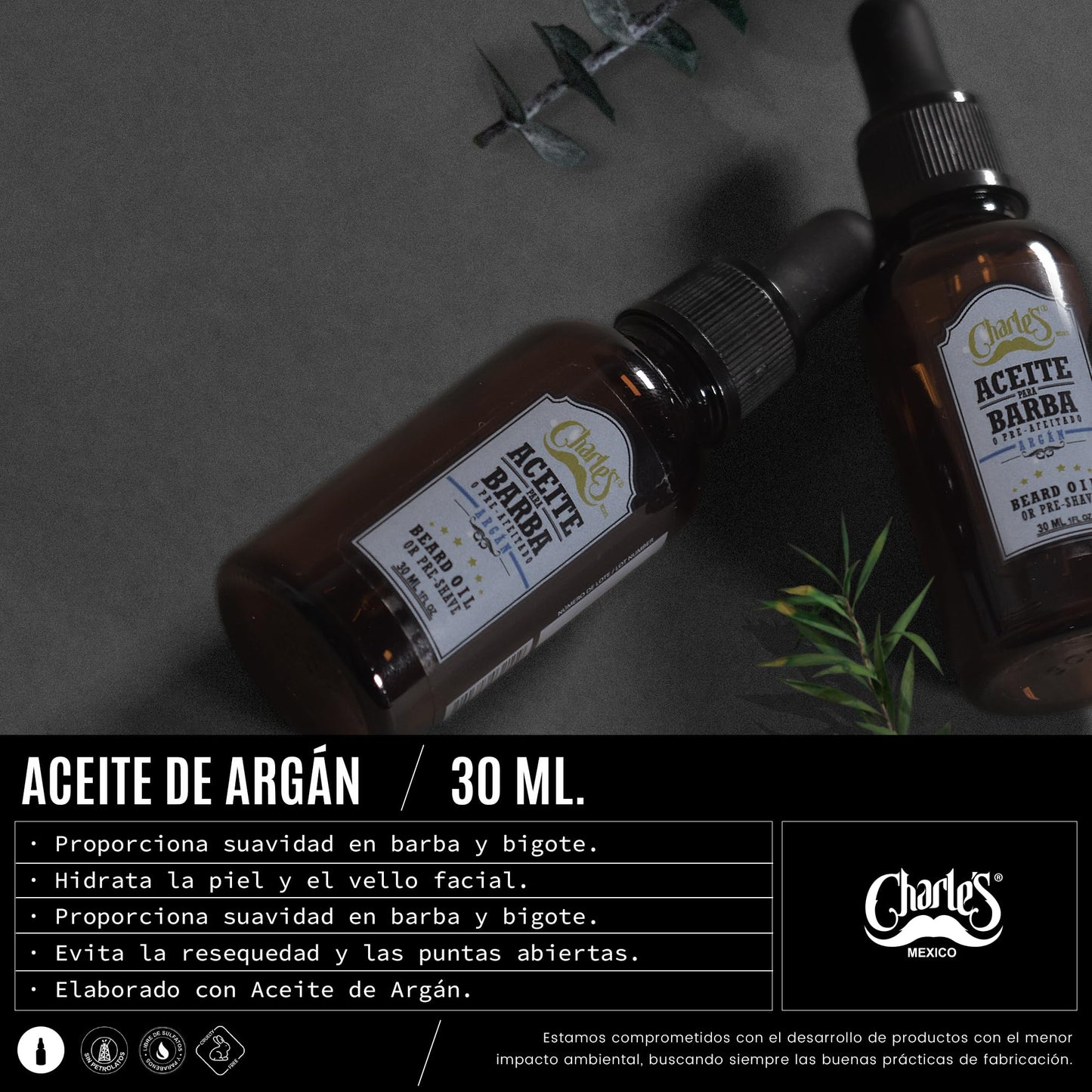 Charle's - Aceite Premium Hidratante Para Barba y Bigote con Argán | 30ml | Fácil Absorción - Elaborado con Ingredientes Naturales - Aceite de Jojoba - Aceite de Romero - Beard Oil - Ayuda a prevenir la irritación antes del afeitado
