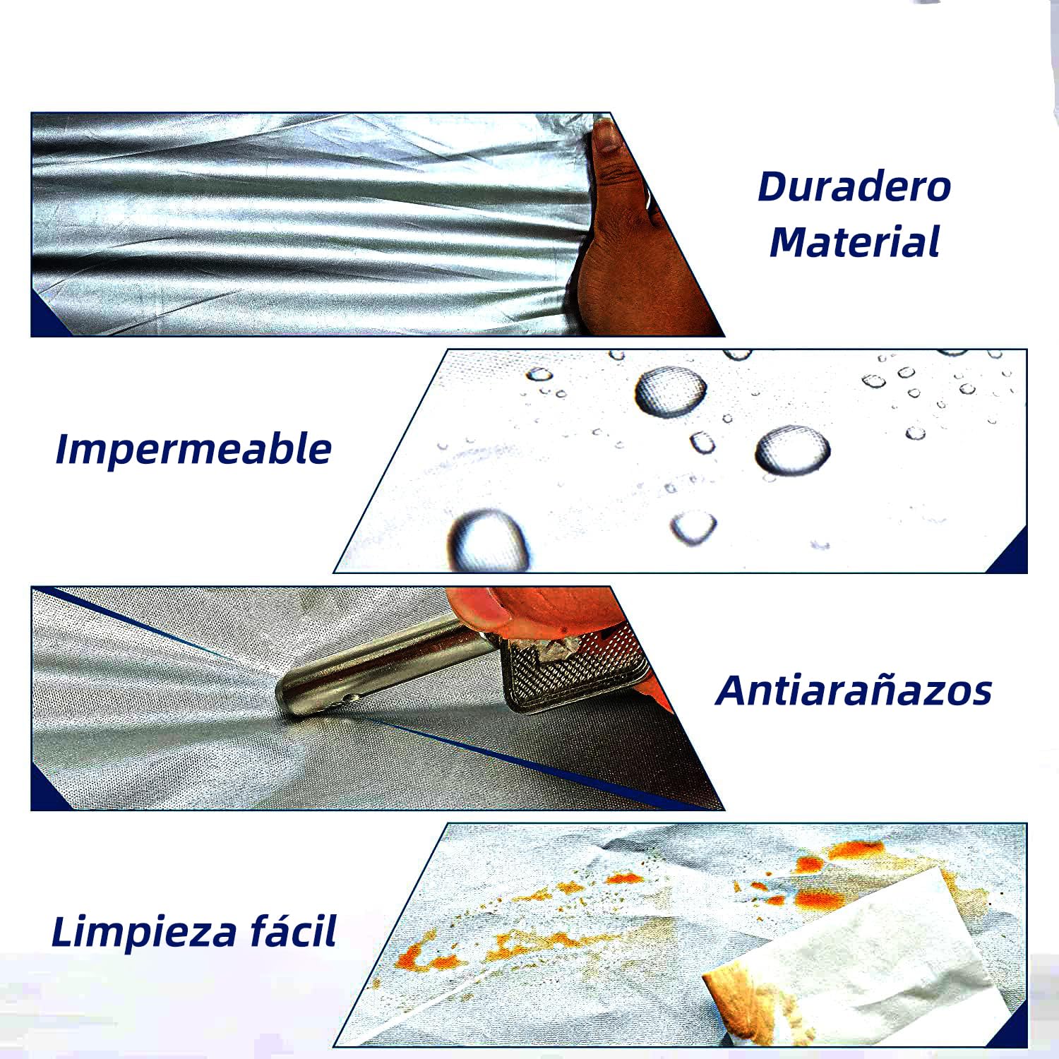 Funda de coche de 185 x 71 x 48 pulgadas resistente al sol y a la lluvia cuatro estaciones funda de coche universal reflectante del calor y del polvo para la mayoría de los coches de tamaño medio 4,7m
