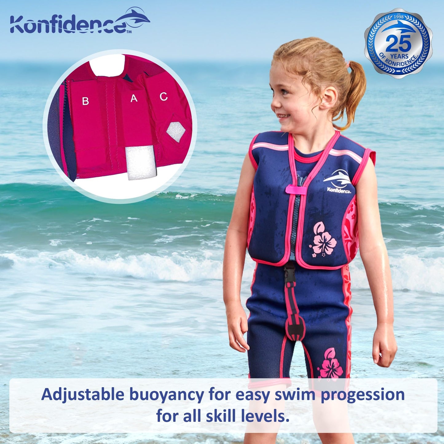Konfidence - Chaleco de natación premium para niños, flotabilidad ajustable, compatible con la CE, aprobado por la escuela de natación, más de 25 años de experiencia | Compañía británica (Hamptons
