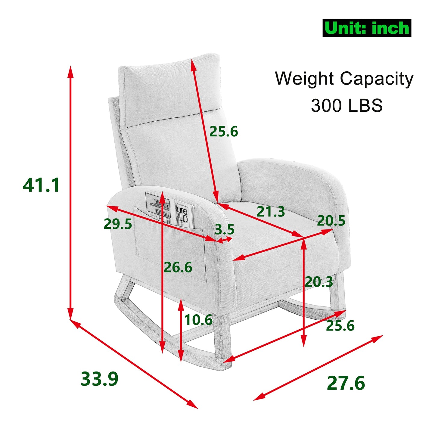 Krinana - Mecedora de guardería con patas de madera maciza, silla planeadora para guardería con dos bolsillos laterales, sillón basculante para sala de estar, recámara (beige, tela de lino)