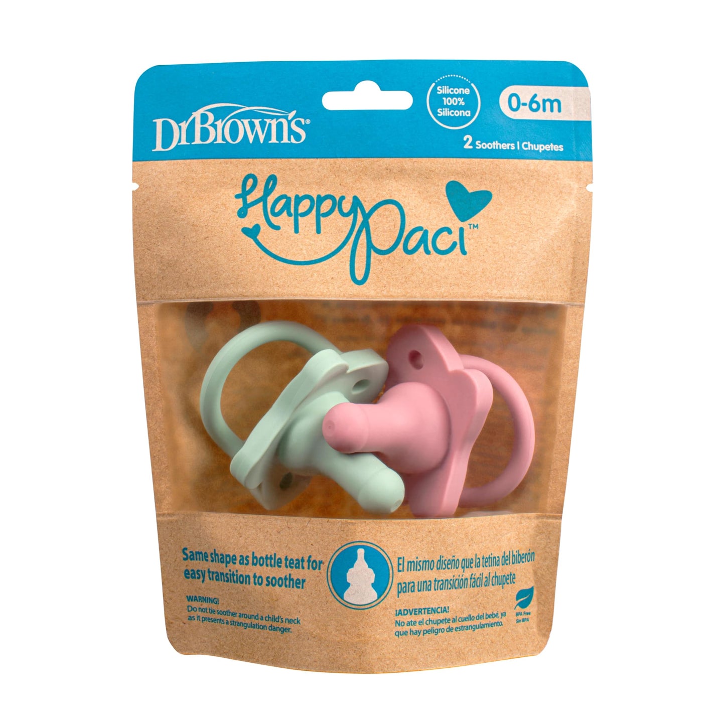 Chupón Dr. Brown's HappyPaci 100% Silicona, Paquete de 2, Colores Variados