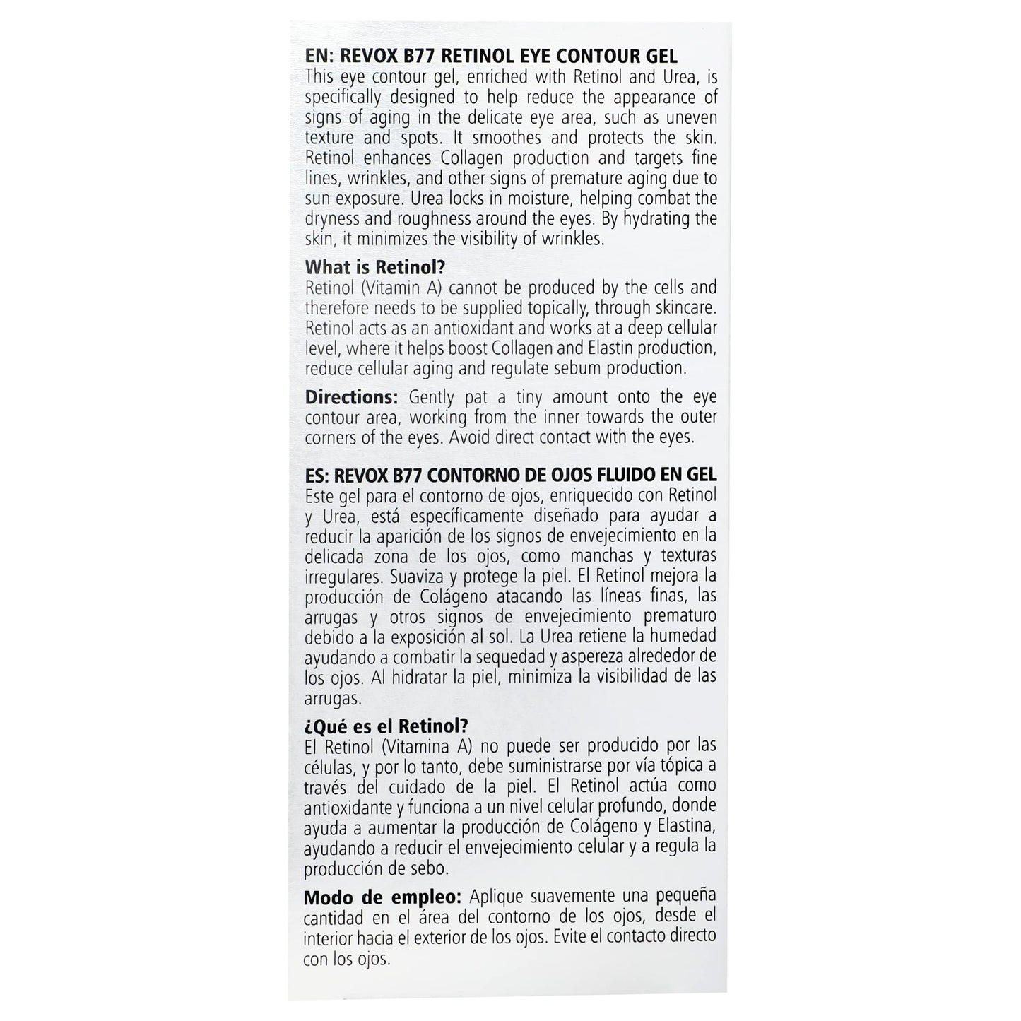 REVOX B77 - Retinol Eye Contour Gel Anti-Wrinkle Concentrate, 30 ml, Contorno Ojos Retinol, Reduce Líneas de Expresión y Arrugas, Suaviza la Textura, Estimula Producción Colágeno, Hidratación Profunda