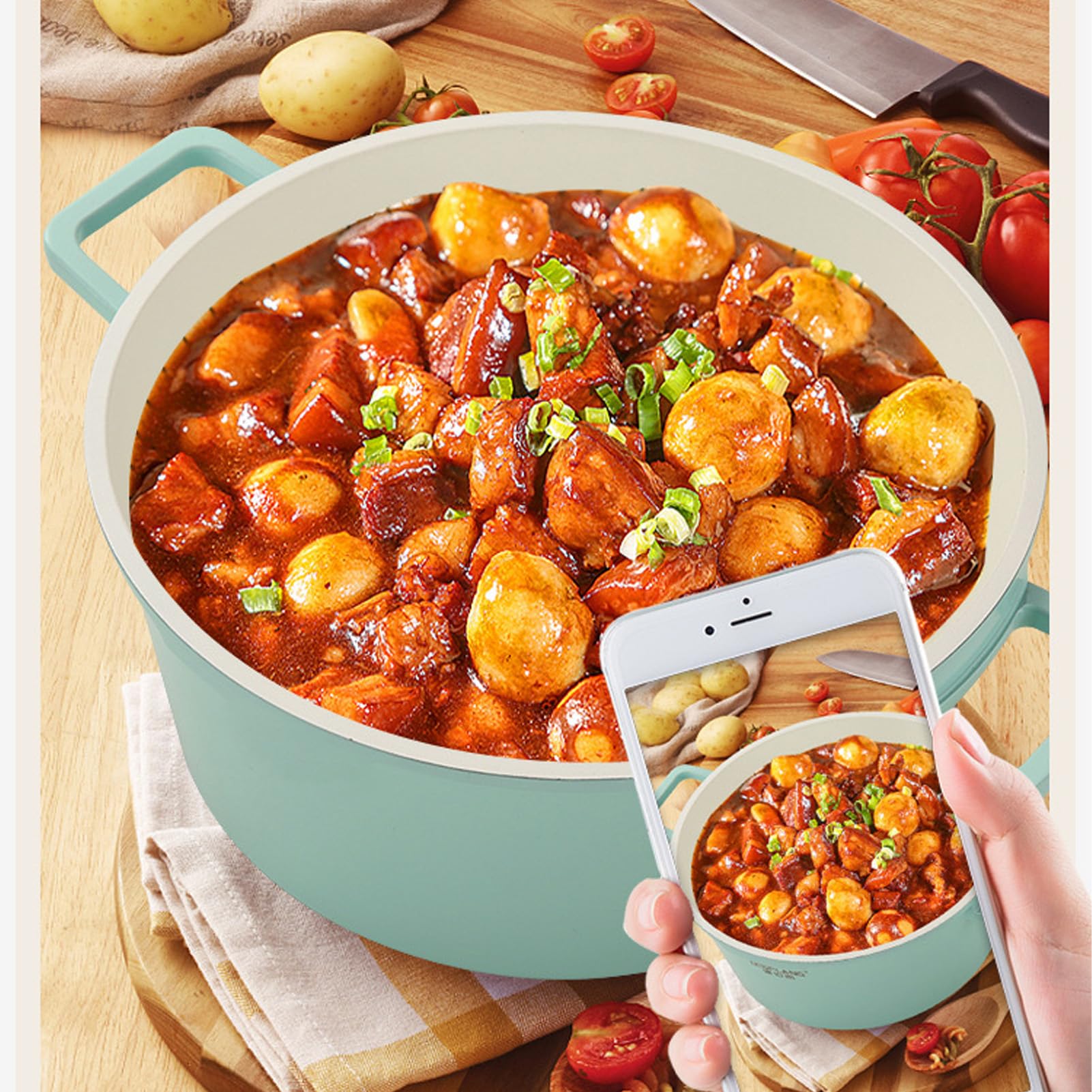 Olla Esmaltada con Tapa, Cacerola de Horno Holandés de Hierro Fundido Esmaltado de Gran Capacidad, Olla de Cerámica de Aleación de Aluminio con 2 Asas, Cacerola Versátil, (GREEN)