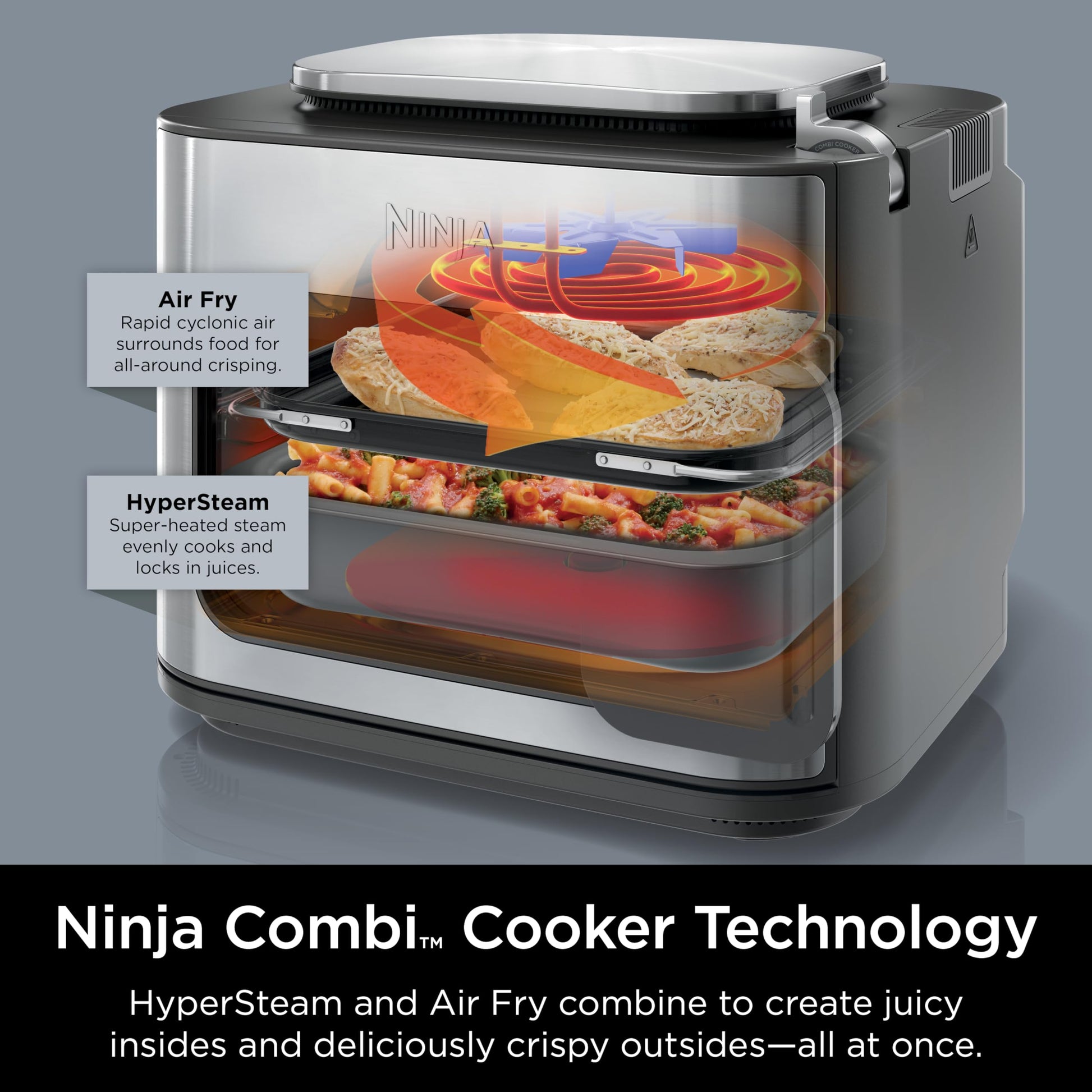 Ninja Combi Multicocina, horno y freidora de aire, comidas completas en 15 minutos, funciones 14 en 1, cocina combinada + freír al aire, hornear, asar, cocción lenta y más, 3 accesorios, acero