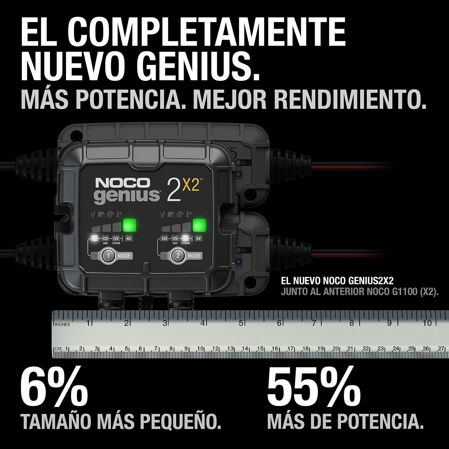NOCO GENIUS2X2: Cargador Inteligente 6V/12V 4A de 2 Bancos (2A por Banco) – Mantenedor automático, Cargador Lento y desulfatador con protección contra sobrecarga – para baterías de Plomo y Litio