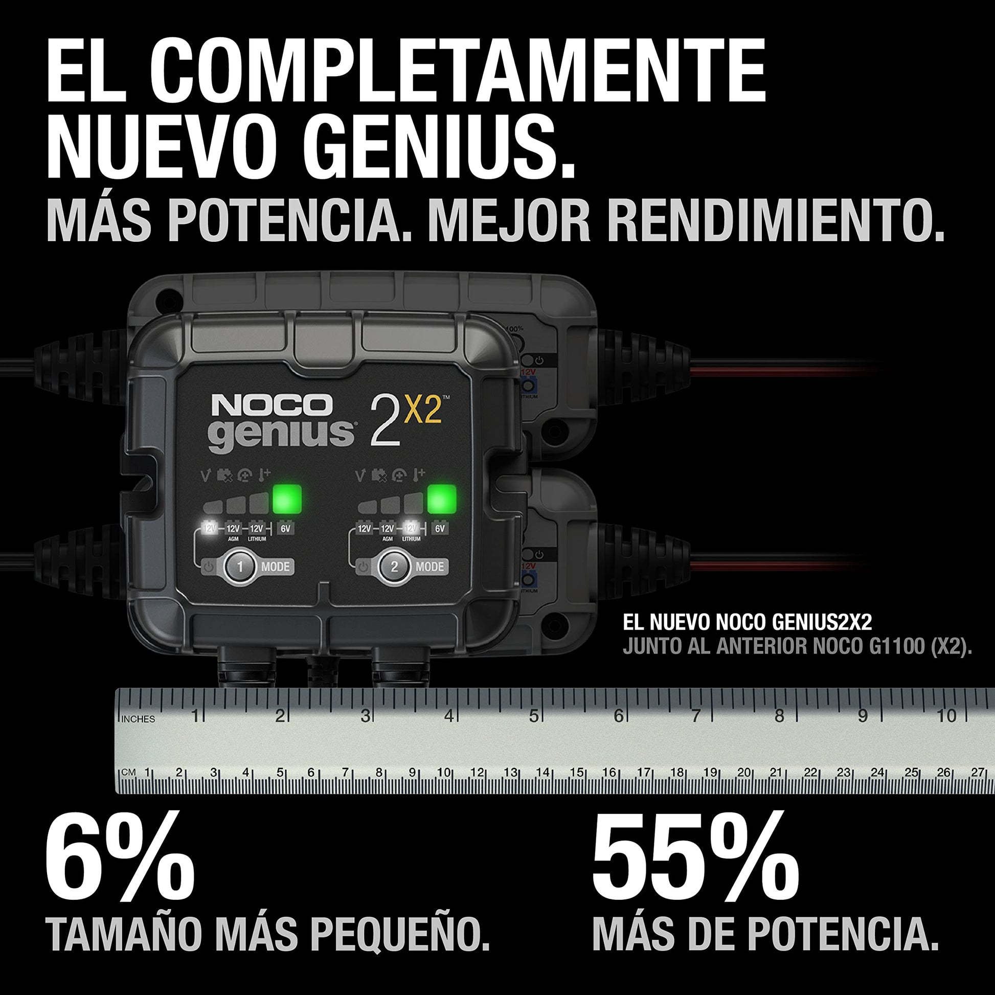 NOCO GENIUS2X2: Cargador Inteligente 6V/12V 4A de 2 Bancos (2A por Banco) – Mantenedor automático, Cargador Lento y desulfatador con protección contra sobrecarga – para baterías de Plomo y Litio