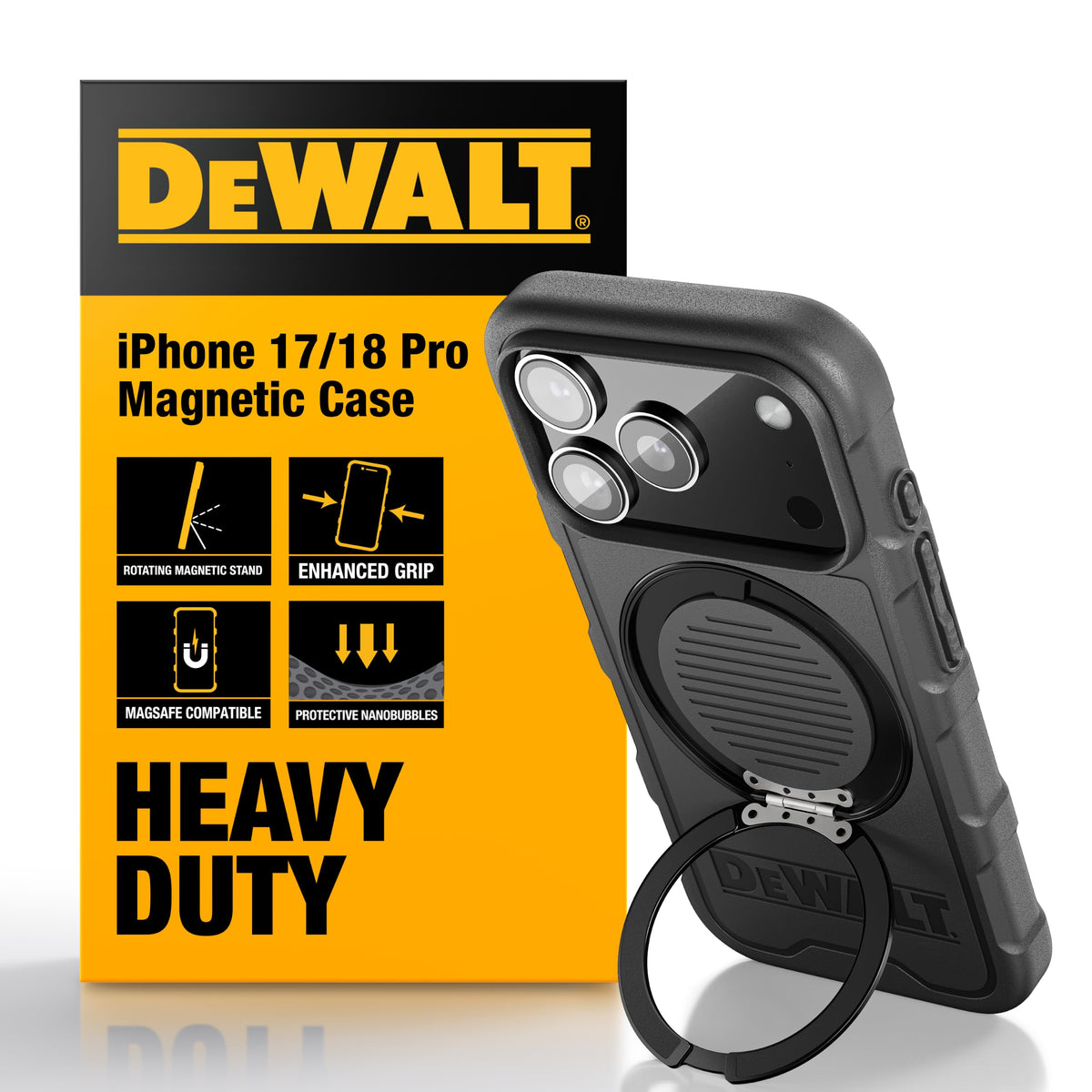 Funda Magnética DEWALT iPhone 18/17 Pro con Soporte Giratorio, Resistente y Antigolpes para Hombre