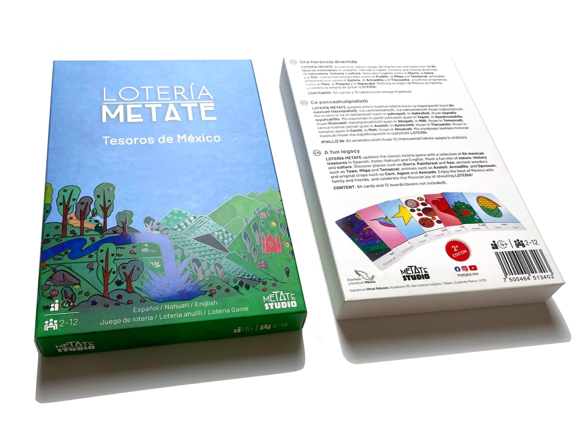 LOTERÍA METATE | Tesoros de México | Lotería Mexicana Familiar en español, náhuatl e inglés | 64 Cartas y 12 tableros