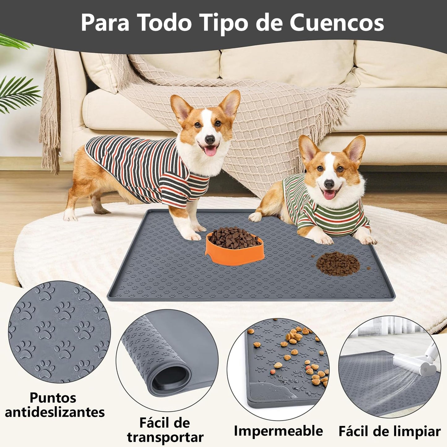 Tapete para Comida de Perro Sugarzoon Gris Silicona Impermeable Antideslizante 55x40 cm
