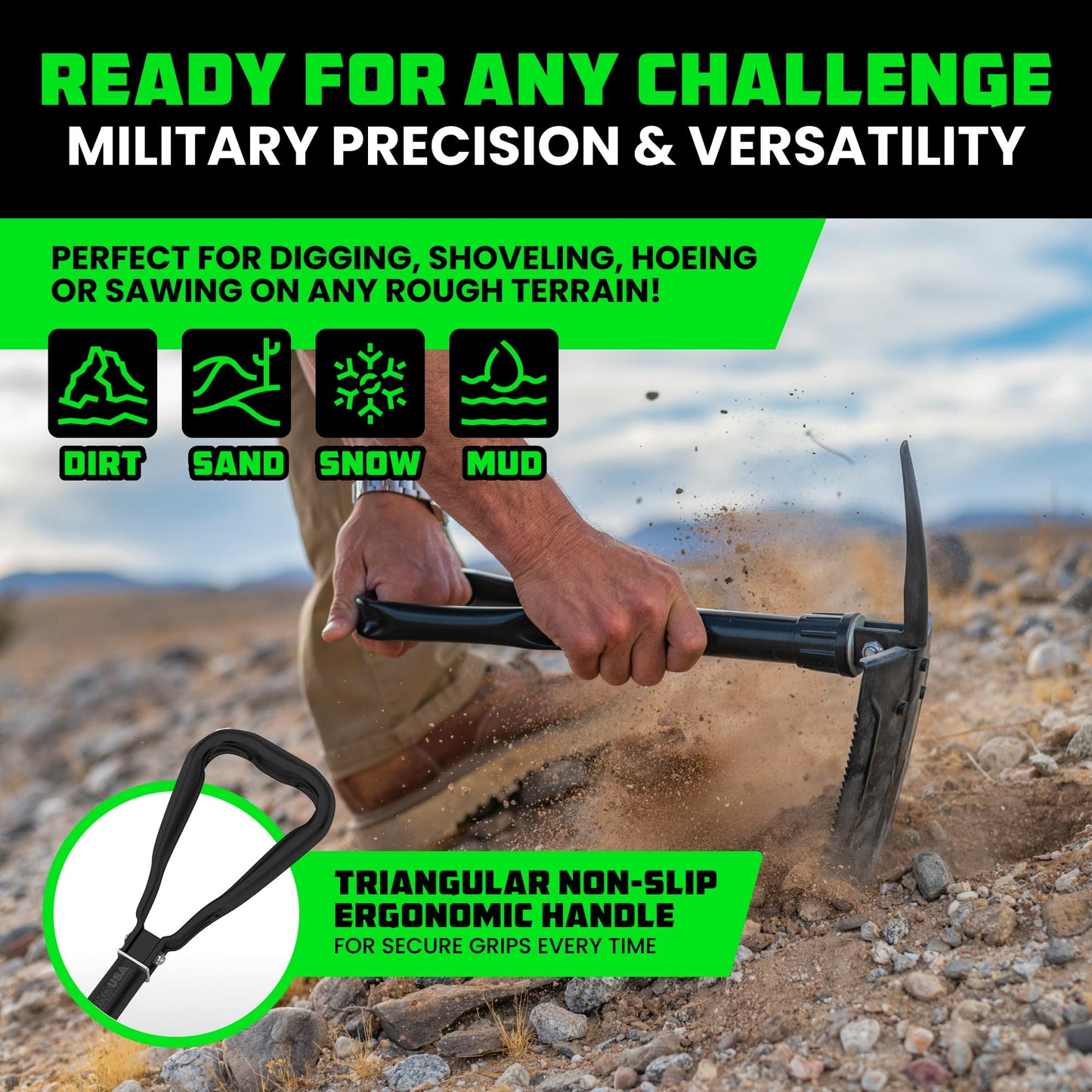 Pala Plegable Rhino USA Verde Militar Multiusos de Acero Carbono para Camping, Jardinería y Supervivencia