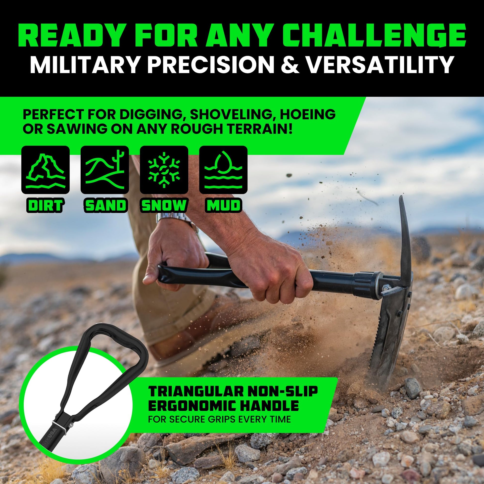 Pala Plegable Rhino USA Verde Militar Multiusos de Acero Carbono para Camping, Jardinería y Supervivencia